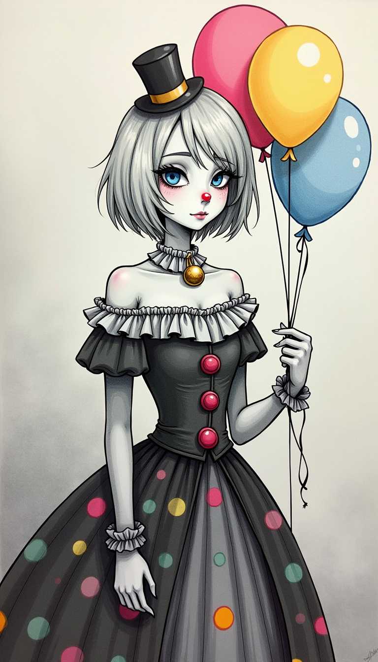 This image is a drawing that features a female figure dressed in a clown costume. The art style is stylized and somewhat gothic, with a touch of whimsy. The medium appears to be ink, as the lines are bold and the shading is minimal, with the exception of the use of colored pencils or markers for the balloons and the figures attire.The colors are muted, with a predominance of grays, blacks, and whites, punctuated by the bright colors of the balloons. The figures hair is a light gray, styled in a short, wavy bob. She wears a ruffled offtheshoulder top with a fitted bodice and a flared skirt decorated with a pattern of multicolored polka dots. Around her neck is a collar with a bell, and she has a small top hat perched atop her head.In her right hand, she holds three balloons, each with a different color pink, yellow, and light blue. The balloons are depicted with a sense of volume and dimension, and the strings are detailed with knots and tassels.The background is a gradient of grays, creating a moody atmosphere that contrasts with the brightness of the balloons. 