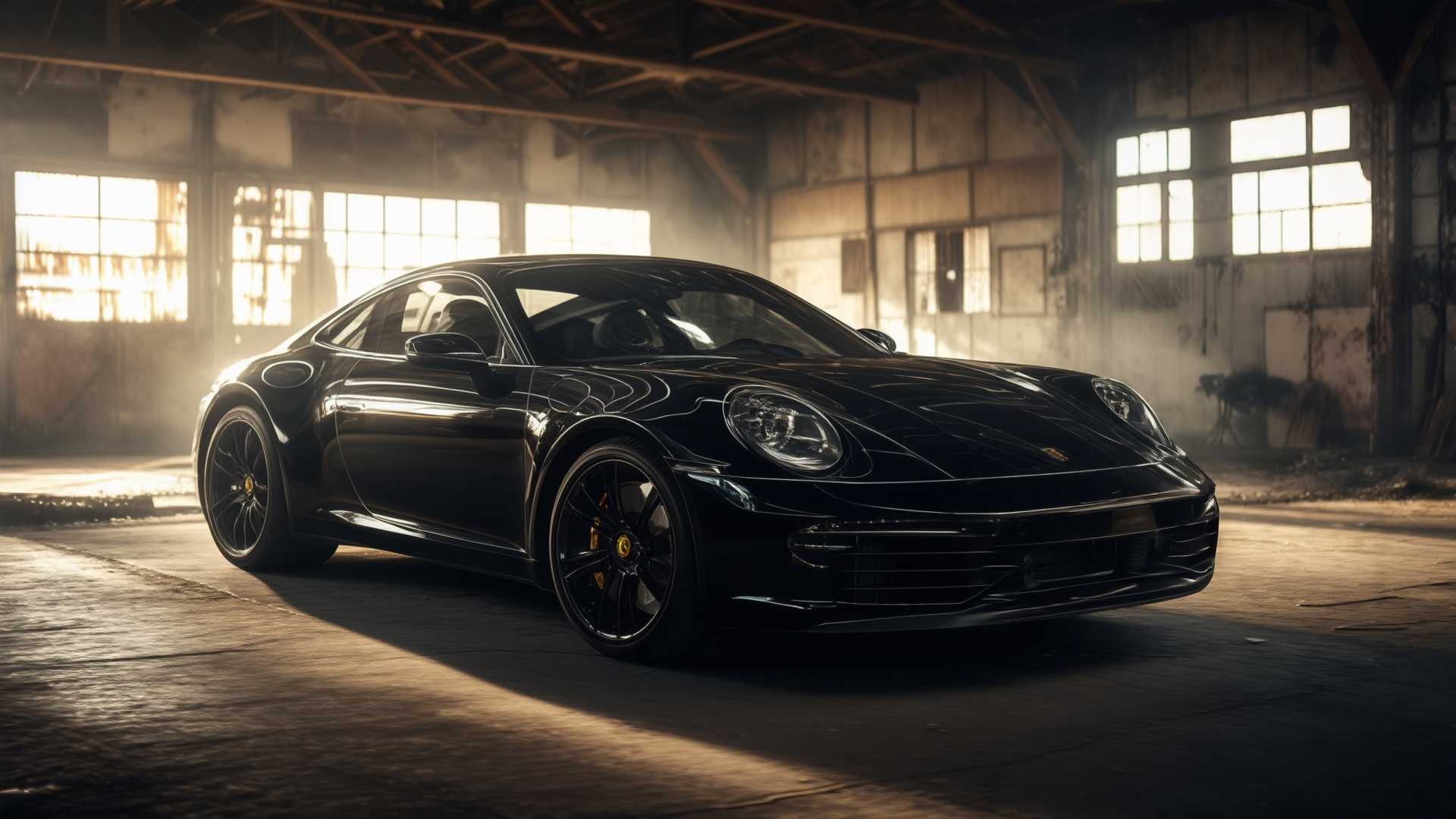 A sleek black Porsche 911, capturing the essence of timeless design, sits within the confines of an aged, rustic hangar. The car's polished surface reflects the soft, muted light filtering through the hangar's dusty, broken windows, creating a play of light and shadow that accentuates its curves. The hangar itself is an ode to forgotten times, with its weathered wooden beams, peeling paint, and scattered tools, all bathed in the golden hues of late afternoon sun. The scene should evoke a nostalgic atmosphere, reminiscent of a bygone era of automotive history, with the Porsche as the centerpiece, almost out of place yet perfectly fitting in this abandoned setting. The composition should place the car at a slight angle, inviting the viewer into the scene, with the hangar's depth suggesting stories untold. The style should mimic the high contrast and dramatic lighting of film noir photography, with a touch of vintage charm.