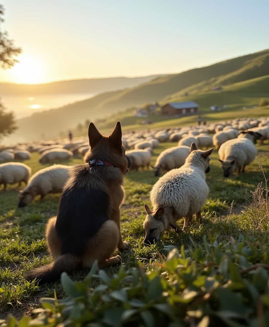 Create a digital art image depicting a **German Shepherd** in the midst of herding **sheep**. The scene unfolds on a **rolling green pasture** under the **golden glow of early morning sunlight**, casting long shadows that enhance the serene, pastoral atmosphere. The dog should exhibit **focused intensity**, its **alert ears** perked up and **eyes locked** on the sheep, embodying precision in every movement. 

- **Visual Details**: Capture the **texture** of the dog's thick, black and tan fur, contrasted against the **soft, woolly sheep**. Highlight the **dew-kissed grass**, each blade glistening with droplets. The **sky** should be a canvas of **pale blues and soft pinks**, with the sun just peeking above the horizon.

- **Style**: Opt for a **hyper-realistic** approach, akin to the detailed work of **animal painter Rosa Bonheur**, where every hair and blade of grass is rendered with meticulous care.

- **Composition**: Position the German Shepherd **slightly off-center**, guiding the flock with its gaze and posture. Use a **low camera angle** to emphasize the dog's dominance and control over the scene. The framing should allow the rolling hills to lead the eye towards the horizon, creating depth and a sense of vastness.

- **Mood and Atmosphere**: Convey a **sense of purpose** and **quiet determination**. The morning light should evoke **peacefulness** and the start of a new day, with a hint of **gentle mist** lingering in the lower areas of the field.

- **Technical Aspects**: Utilize **depth of field** to keep the German Shepherd in sharp focus while the sheep in the background are slightly blurred, suggesting movement. Employ **soft shadows** and **subtle highlights** to enhance the three-dimensionality of the scene.

This image should be a **cohesive portrayal** of the German Shepherd's herding prowess, capturing both the **beauty of the countryside** and the **intricate dance of herding** with precision and grace.
