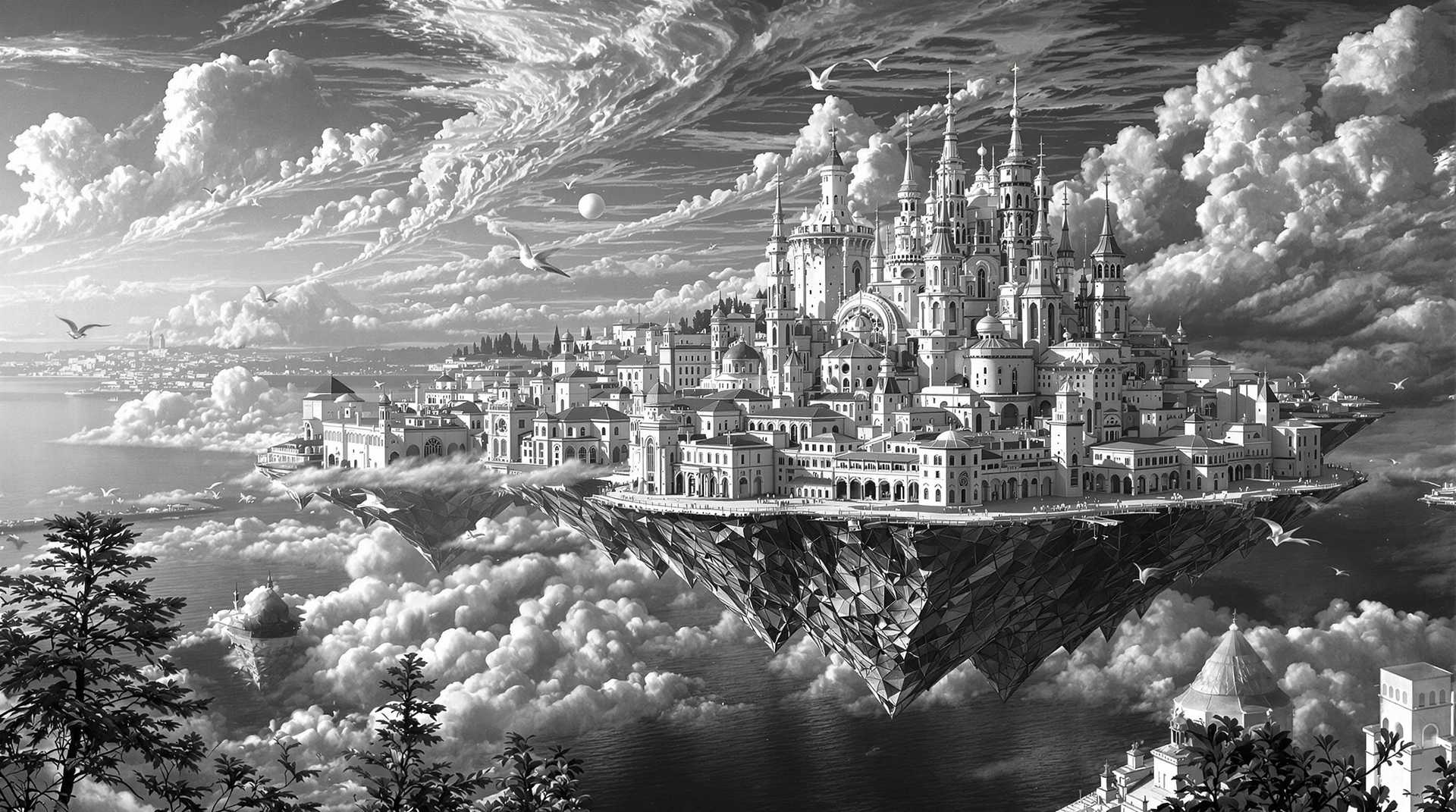 a black and white hyper realistic photo of The Floating City of Lisbon
At the zenith of the Portuguese Empire, King Sebastian I, known for his youthful exuberance and prophetic visions, decided that Lisbon should not merely rest on land but should float above it, showcasing the might and magic of Portugal. With the help of a secretive guild of alchemists and sea witches, the entire city was lifted into the sky by giant, enchanted barnacles. These barnacles, grown in the depths of the Atlantic, were said to draw their sustenance from the sun and moon, causing Lisbon to bob rhythmically between day and night. 

The city's new floating state was not without its quirks; the streets were now lined with clouds rather than cobblestones, and the markets sold not just fish but also feathered fish that could fly through the city's new sky-roads. The royal palace was rebuilt with crystal spires that reflected the celestial bodies, turning night into a kaleidoscope of light. During festivals, the citizens would ride giant, domesticated seagulls, racing through the clouds, while below, the common folk would navigate the city's new verticality via ropes and wind-powered elevators.