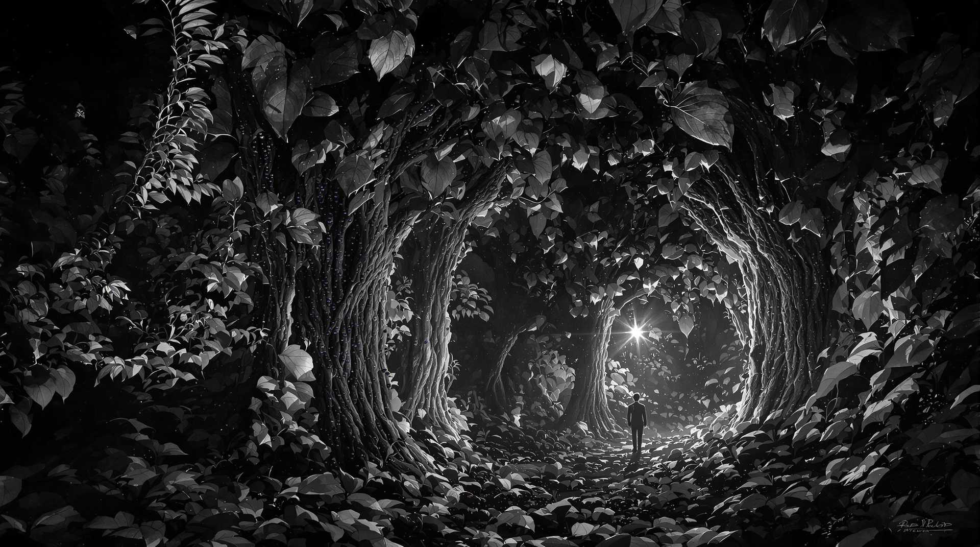 **Image Prompt:**

A hyper-realistic, black and white photograph depicting an ethereal jungle scene where trees bear fruits of imagination. Here, Captain Tomé de Sousa stands in awe amidst:

- **Visual Details:** The jungle is dense with lush, oversized leaves, each intricately detailed with veins and textures that hint at their magical properties. The "Spice Trees" have branches laden with fruits of various shapes and sizes, some resembling red peppers, others like blue berries. Each fruit is depicted with realistic texture, from the glossy surface of the peppers to the matte, velvety appearance of the berries. The ground is covered with a carpet of fallen leaves, some whispering secrets, others emitting a faint glow.

- **Style:** The image should mimic the depth and contrast of a vintage black and white photograph, with high-resolution details akin to Ansel Adams' work, capturing the surrealism of the scene with a touch of documentary realism.

- **Composition:** Captain Tomé de Sousa is positioned in the foreground, his expression one of wonder and curiosity. The camera angle is slightly low, looking up towards the towering trees, emphasizing their majesty and the overwhelming presence of the jungle. The trees form a natural archway, framing him and leading the viewer's eye deeper into the forest.

- **Mood and Atmosphere:** The scene is set at dusk, with light filtering through the leaves, creating a soft, ethereal glow. The mood is one of enchantment mixed with a hint of caution, as the jungle's sentience is palpable. A gentle breeze seems to rustle the leaves, and the air is thick with the anticipation of the forest's whispers.

- **Technical Aspects:** Utilize chiaroscuro lighting to enhance the drama and depth, with shadows playing across the scene to give it a three-dimensional quality. The focus should be sharp, allowing for intricate details to be visible, yet with a slight softening around the edges to blend reality with the surreal.

- **Cohesion:** The scene is both a testament to the beauty of nature and a nod to the magical realism where the natural world interacts with human desires and ambitions. The trees, with their anthropomorphic qualities, seem to communicate with each other, creating an environment where the line between human and nature blurs, all captured in a timeless, monochromatic palette.