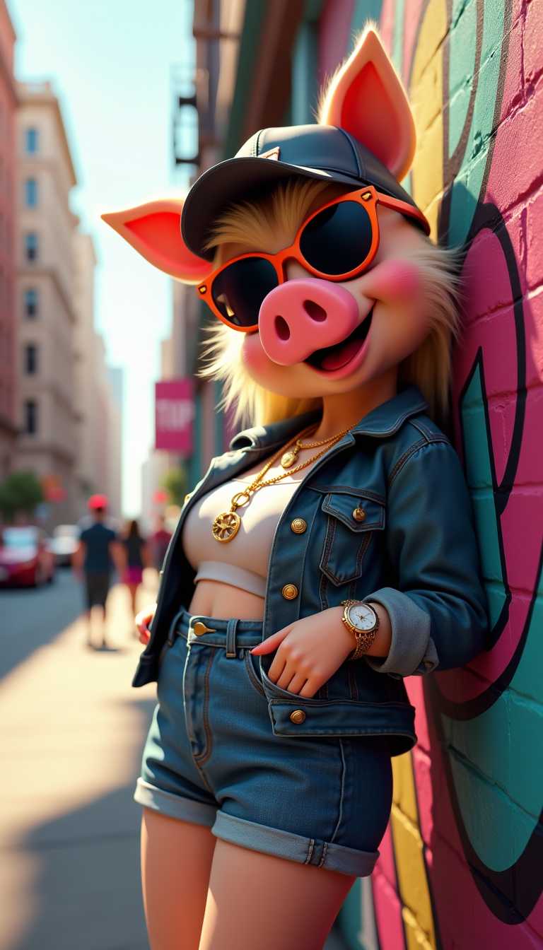 A dynamic and lively 3D render of miss piggy, showcasing her cool attitude. She dons stylish sunglasses and a trendy cap, casually leaning against a vibrant graffiti-decorated wall. The bustling cityscape in the background is a kaleidoscope of color and energy, reflecting. This cinematic, illustrative painting radiates fun and liveliness, capturing the essence of a joyful and energetic moment., painting, photo, cinematic, illustration, 3d render, vibrant