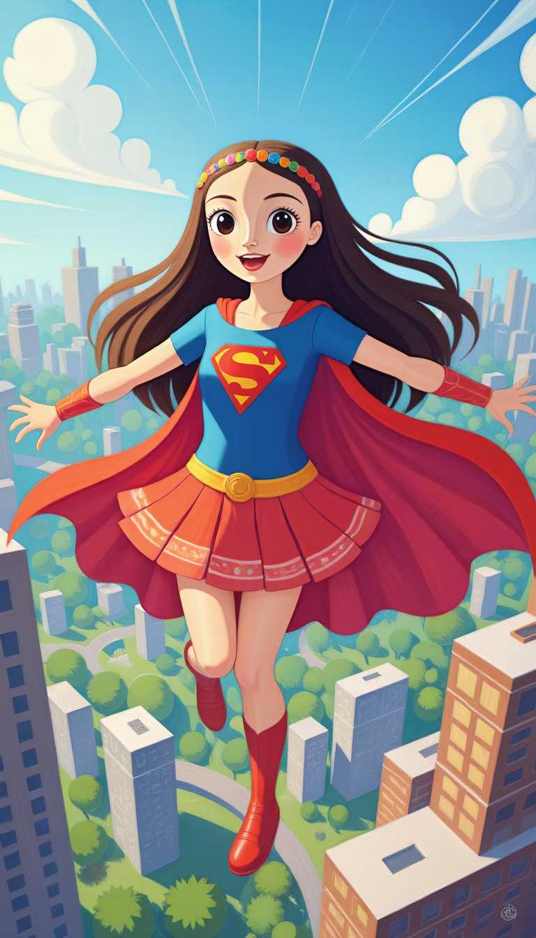 masterpiece, best quality,  1girl, supergirl, long hair, hairband, gloves cape, skirt, shirt, flying, city below, cartoon 