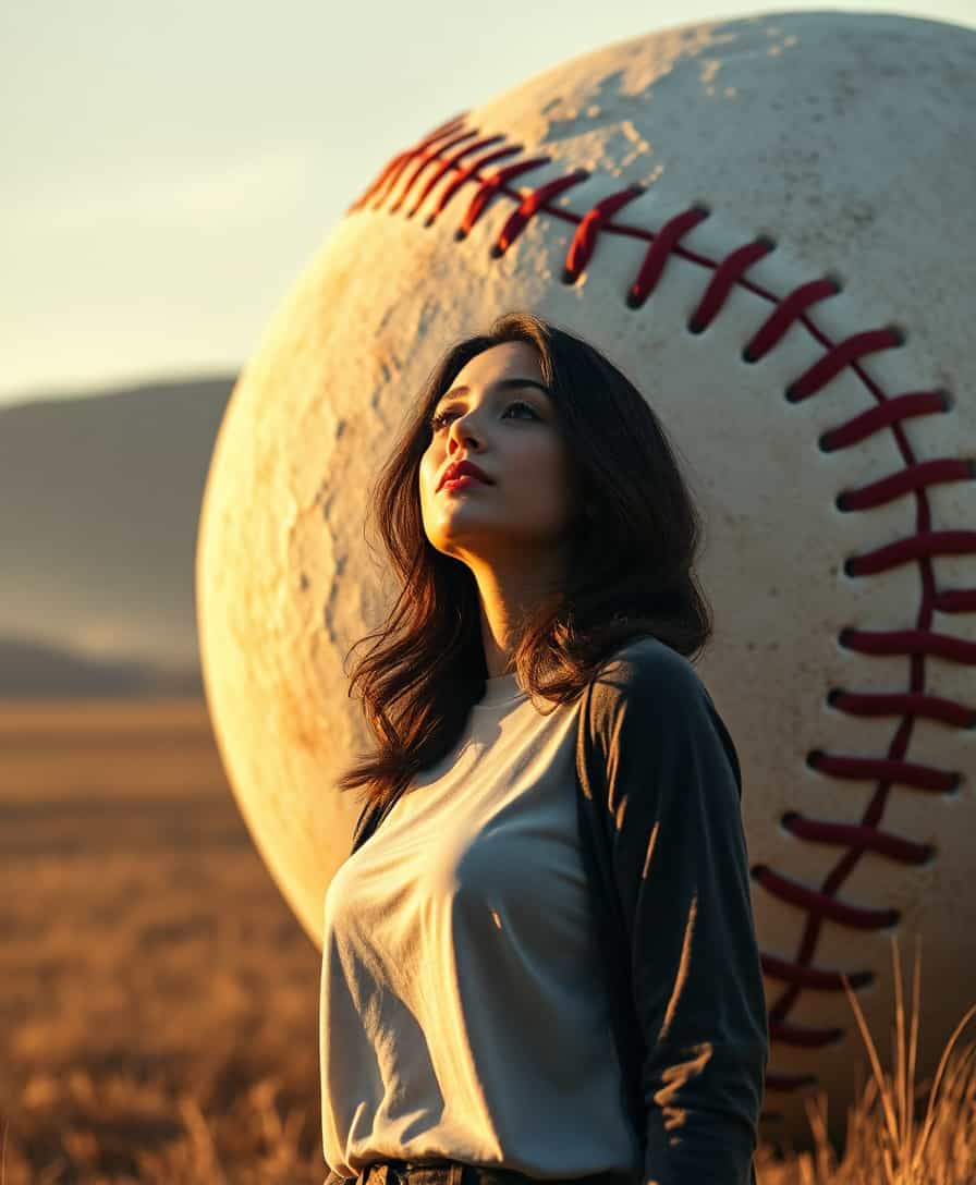 A highly detailed photograph of a **brunette woman**, her hair softly cascading around her shoulders, standing in **a surreal, giant-sized world**. She is positioned **next to a colossal baseball**, the same size as she is, which dwarfs her in scale, creating an **overwhelming sense of proportion**. The scene is set **during the golden hour**, casting long, soft shadows that highlight the texture of the baseball's stitches and the woman's attire, which consists of **modern casual wear** to contrast with the surreal environment. The composition captures her from a **low angle** to emphasize the enormity of the baseball, with her looking up in **awe and curiosity**, her expression conveying **wonder and slight trepidation**. The background is **blurred**, suggesting an expansive, fantastical landscape that teases the edges of our vision. The image should evoke a **sense of magic realism**, with **hyper-realistic details** in the textures and lighting, reminiscent of **Gigantism photography** techniques, creating a **surreal yet believable atmosphere**.