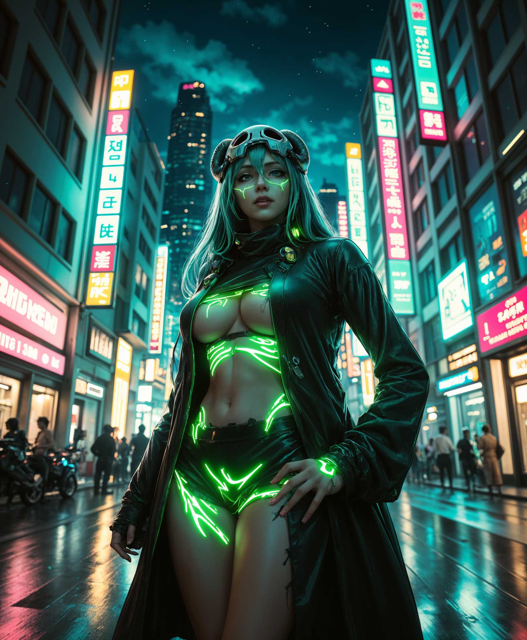 masterpiece, best quality, highres, sharp image, more detail, masterpiece, best quality, highres, sharp image, more detail, a photo of Neliel, midjourney,
**Image Prompt:**

Neliel from the anime "Bleach". She stands in the middle of a bustling neon-lit street, where:

- **Visual Details**: Her cybernetic enhancements glisten under the flickering neon lights, reflecting hues of Green.

- **Style**: The scene captures the essence of **cyberpunk aesthetics**, reminiscent of Blade Runner's dystopian beauty, with a mix of high-tech and low-life elements. The photography style mimics **long exposure** to capture the dynamic movement of light trails and the glow of holographic advertisements.

- **Composition**: Neliel is positioned centrally, slightly off-center, to draw the viewer's eye through the frame. The camera angle is low, giving her a heroic, larger-than-life presence against the towering skyscrapers. The background features **architectural elements** like towering megastructures, aerial highways, and holographic billboards.

- **Mood and Atmosphere**: The mood is energetic and hopeful, contrasting with the typical cyberpunk gloom. It's night, with a soft rain falling, creating a reflective, shimmering effect on the wet streets. The atmosphere is electric, filled with the hum of city life, the buzz of technology, and the distant sound of music from a nearby club.

- **Technical Aspects**: Utilize **bokeh** to blur the background, emphasizing Neliel's radiant smile. Employ **HDR** techniques to balance the extreme lighting contrasts between the dark alleys and the blinding neon lights. The depth of field should be shallow to focus on Neliel, with the cityscape providing a dynamic, yet slightly out-of-focus backdrop.

- **Cohesion**: Every element from the neon lights, the cybernetic enhancements, to the futuristic fashion, contributes to a scene that feels both technologically advanced and nostalgically familiar, creating a believable cyberpunk future where Neliel is a beacon of joy and optimism.