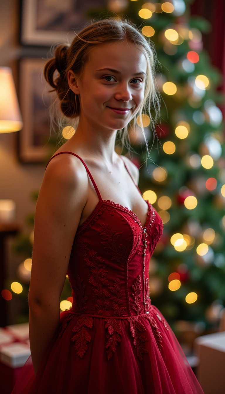 **Prompt:**
A vibrant, high-resolution digital portrait of a youthful 20-year-old woman, her hair styled in playful pigtails, dressed in a stunning, deep red Christmas dress with intricate lace and velvet textures. She stands in a cozy, festive living room, the scene bathed in the warm, soft glow of holiday lights. The room is adorned with a lush Christmas tree in the background, its lights twinkling like stars, casting colorful reflections across her face and dress. The composition captures her from a slight low angle, enhancing her joyful expression as she gazes directly at the camera, her eyes sparkling with delight. The atmosphere is filled with the warmth of the holiday season, with subtle hints of Christmas music and the faint scent of pine and cinnamon in the air. The style is reminiscent of a modern digital painting, with a focus on photorealism yet maintaining a touch of painterly brushwork, evoking the charm of a classic holiday greeting card come to life. Use a shallow depth of field to focus on her, with the festive decorations gently blurring into the background, creating a cozy, intimate Christmas scene.