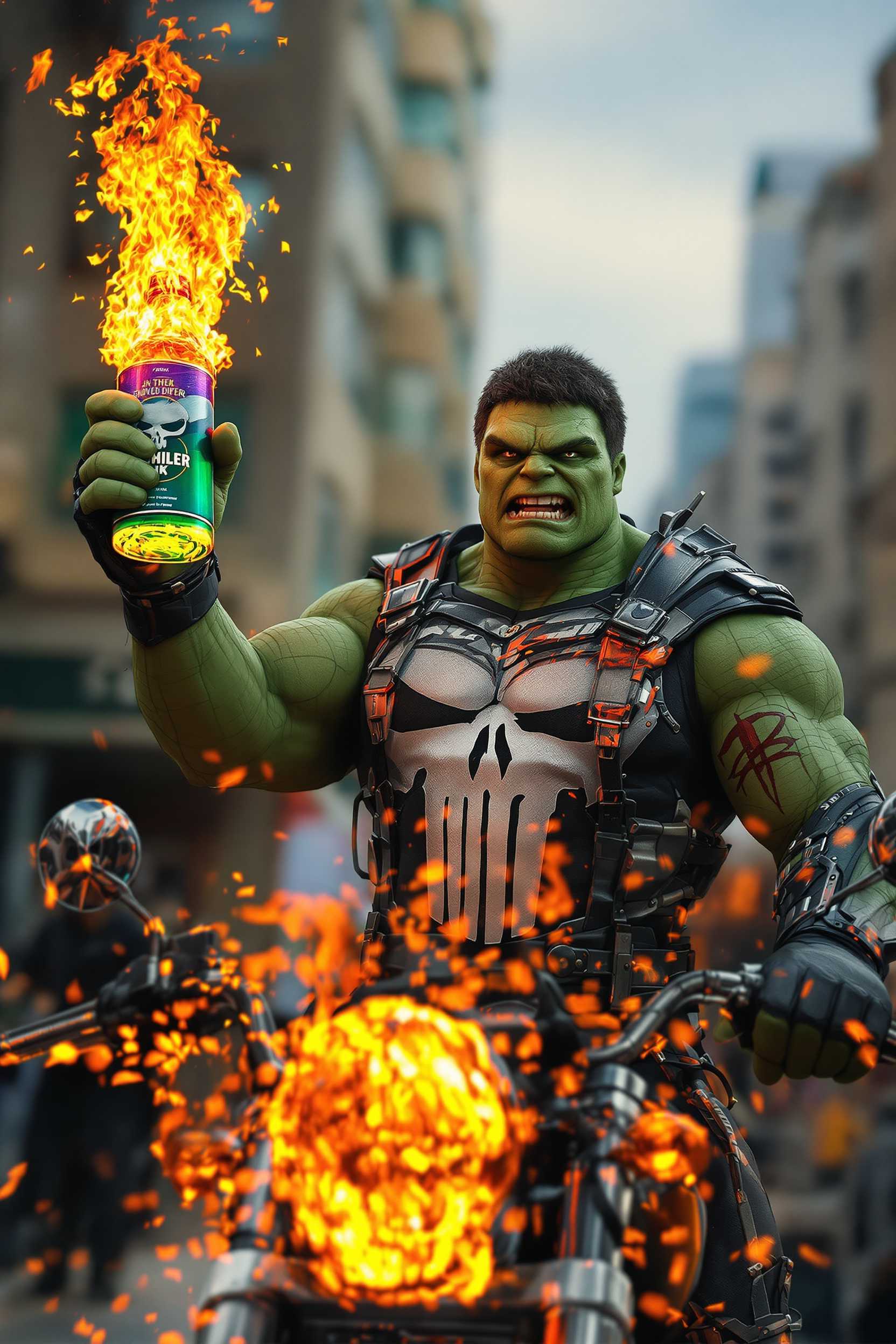 THE INCREDIBLE HULK, dressed as Punisher/ghostrider hybrid, he raised a solid color bottle of drink in his hand, motorcycle, flaming whip, (((full body visible))), looking at viewer, portrait, photography, detailed skin, realistic, photo-realistic, 128K UHD, highly detailed, full length frame, High detail RAW color art, piercing, diffused soft lighting, sharp focus, hyperrealism, cinematic lighting,The bottle should be well-lit and positioned to highlight its design and branding for advertisement purposes. 