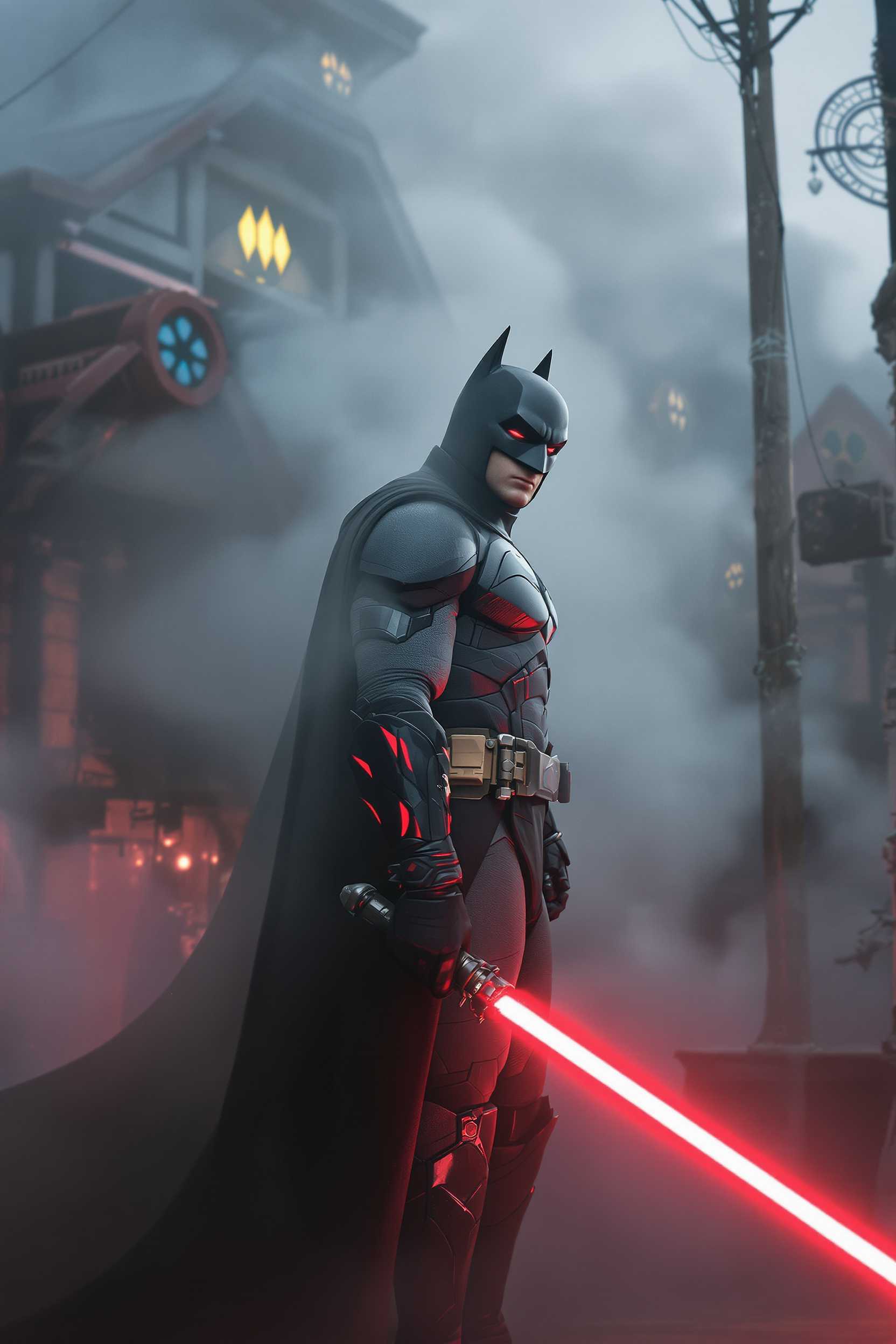 long shot, cinematic still, Batman as a jedi, wearing jedi clothing and apparels, brandishing a red lightsaber, emerging through smoke, in a small town in the Star Wars universe. Looking over his shoulder, early morning shrouded in fog. focused, full sharp