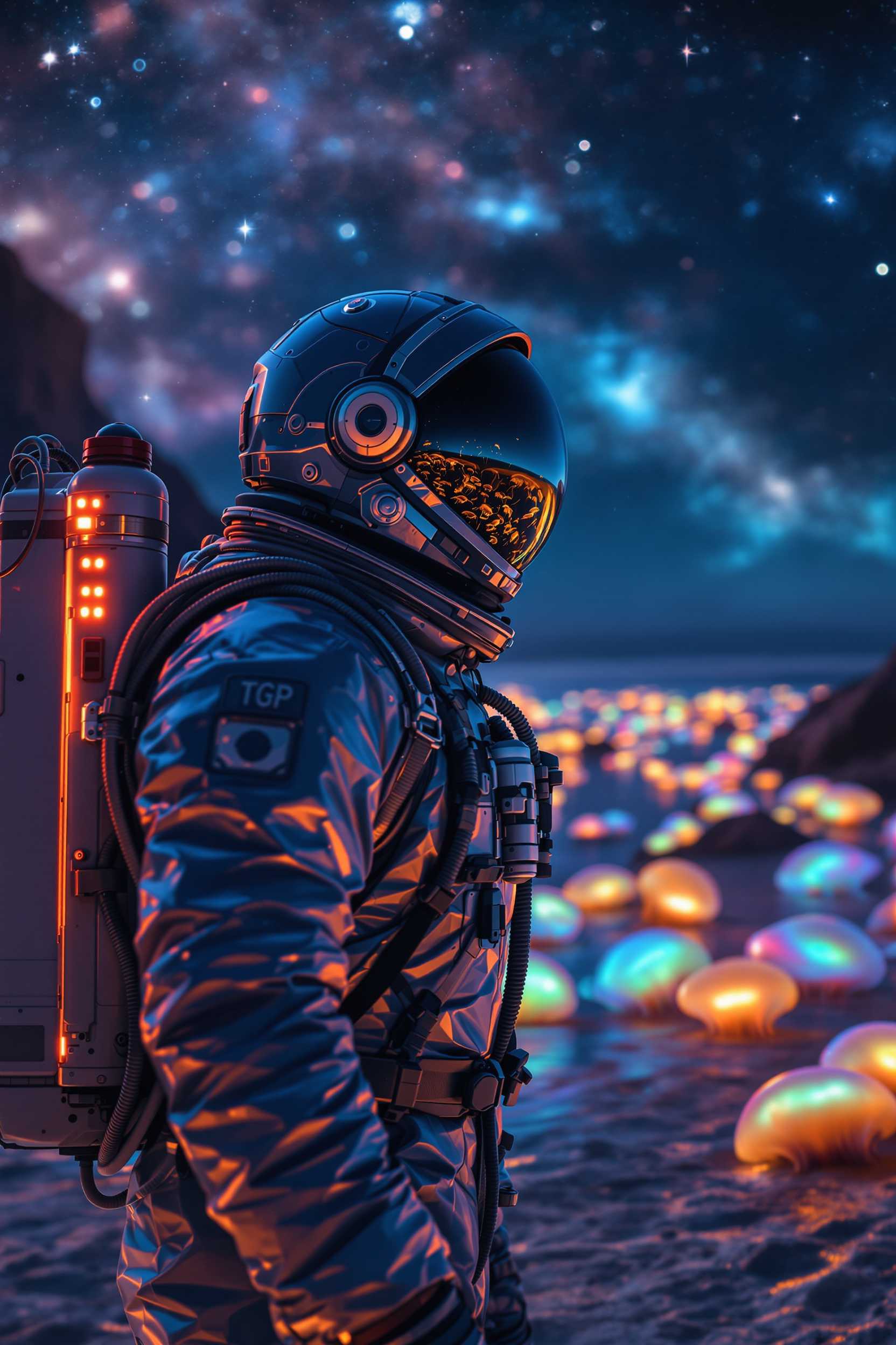 close up photograph of A scientist in an aluminum e.v.a suit, cables from the scientist backpack go to a a big oxygen generator, reflections on the visor, on the beach of a planet at night, in this planet illuminated by the moon's light giant jellyfish can be seen, the giant jellyfish have beautiful iridescent colors, in the sky the milky way