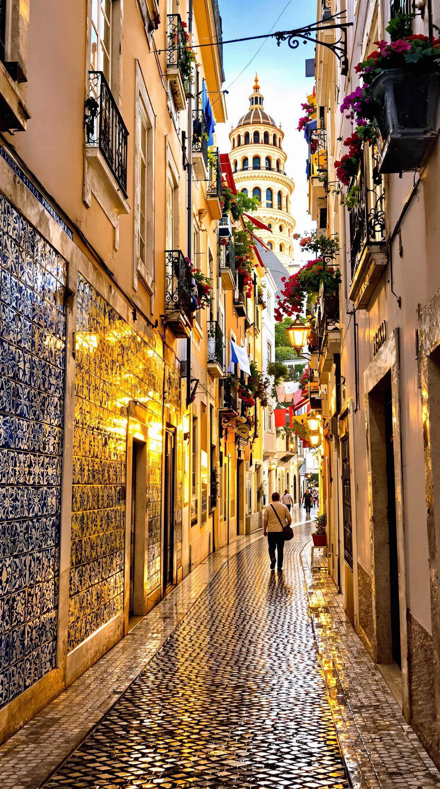 Capture a **photograph** of an **enchanting alley** in Lisbon's **Chiado neighborhood**:

- **Location**: Set in the heart of Chiado, where narrow, cobblestone streets are lined with traditional Portuguese tiles, pastel-colored buildings, and wrought-iron balconies.
- **Mood and Atmosphere**: The atmosphere is serene yet vibrant, with the golden hour light casting long shadows and highlighting the textures of the walls. The air is filled with the distant sounds of fado music and the scent of coffee from nearby cafes.
- **Visual Details**: 
  - The alley is adorned with intricate azulejos (tilework) in shades of blue, white, and yellow, showcasing traditional motifs.
  - Small, colorful laundry lines stretch between buildings, adding a lived-in feel.
  - Potted plants like geraniums and bougainvillea spill over balconies, contributing to the charm.
  - The cobblestones are worn, reflecting years of foot traffic, and are slightly wet from a recent drizzle, enhancing the reflective quality of the scene.
- **Lighting**: Utilize the soft, warm light of the late afternoon, with the sun setting behind one of the buildings, creating dramatic contrasts and a glow on the facades.
- **Composition**: 
  - The alley curves gently, leading the eye through the image to a focal point where a local might be seen walking or leaning against a wall.
  - Framing includes a view through an archway or a partial glimpse of the iconic Elevador de Santa Justa in the background.
  - The camera angle is slightly elevated, capturing the depth of the alley and emphasizing the verticality of the buildings.
- **Artistic Style**: Emulate the feel of a **cinematic still**, with a focus on depth of field to blur out the distant end of the alley, creating a sense of mystery and inviting exploration.
- **Technical Aspects**: 
  - Use a **35mm lens** for a natural perspective, with a **wide aperture** (f/2.8) to ensure the foreground details are sharp while the background is softly blurred.
  - Implement **HDR photography** to capture the dynamic range of light and shadow in the scene.