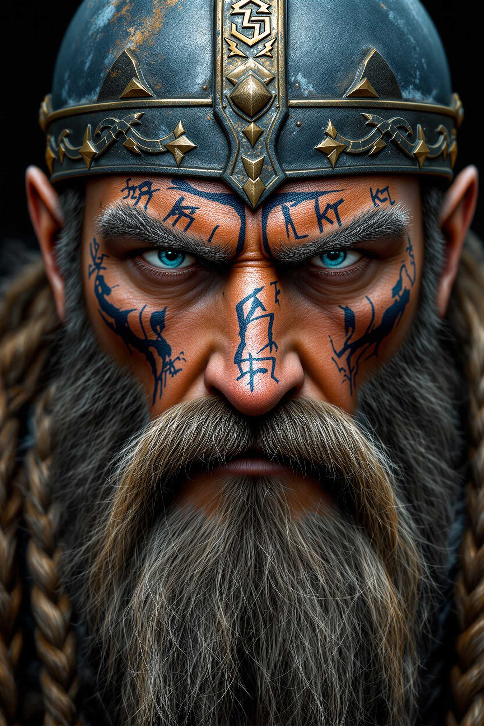A rugged Viking warrior's head, adorned with a worn, battle-weathered helmet featuring intricate bronze accents, rests atop a thick, braided beard that cascades down the chin, streaked with threads of silver, symbolizing the warrior's age and wisdom. The facial features are strong and gaunt, with high cheekbones, a prominent nose, and piercing blue eyes that seem to bore into the soul, while the skin has a warm, golden undertone, bespeaking a life spent outdoors. The forehead, cheeks, and chin are etched with a lattice of scars, telling the tale of countless battles fought and won, and a multitude of tattoos depicting Nordic mythological creatures and runes adorn the cheeks, nose, and forehead, in shades of indigo, crimson, and gold, adding to the warrior's air of fearlessness and strength.