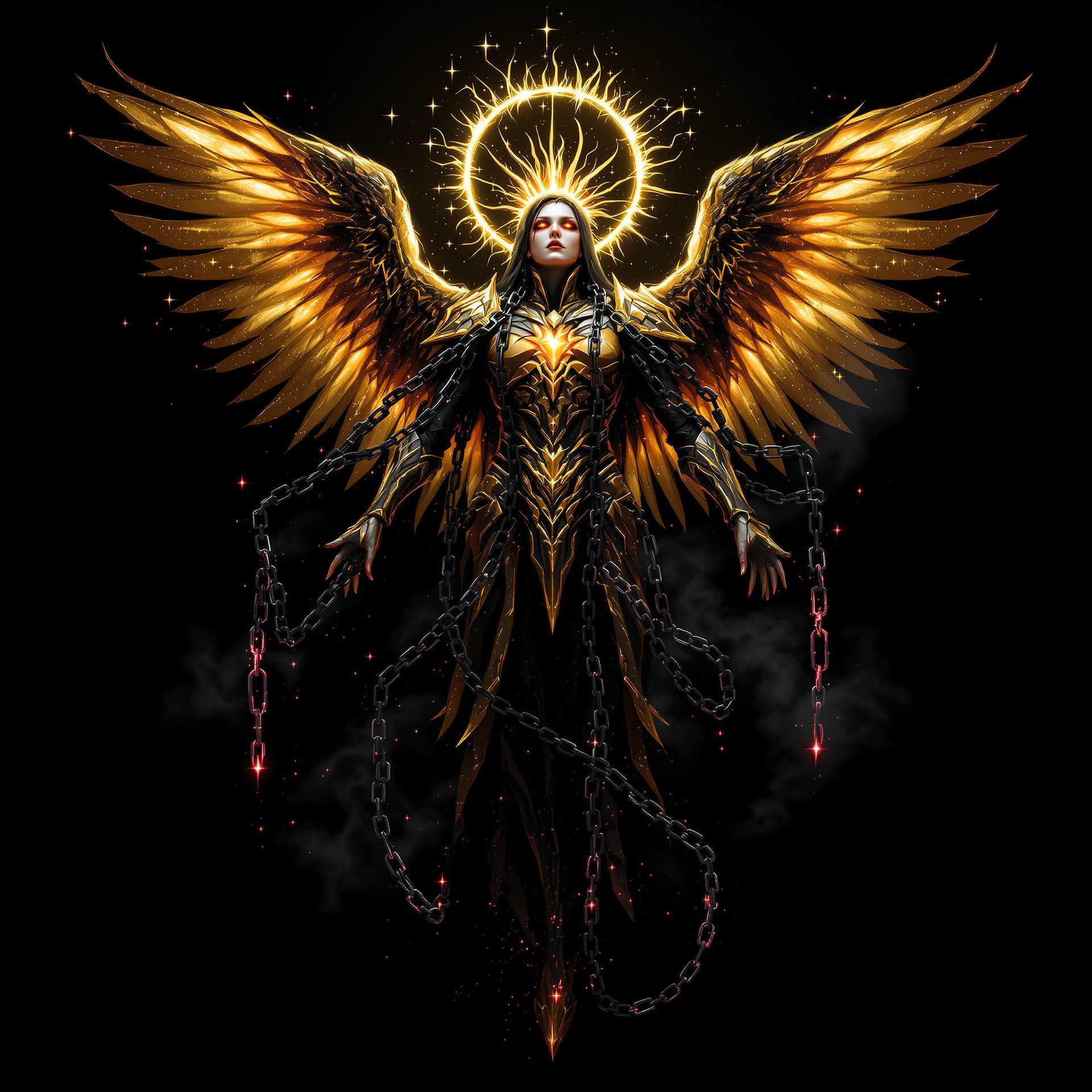 A celestial being, once radiant with light, now consumed by darkness. The figure is shrouded in shadow, with remnants of shattered golden armor, a broken halo, and glowing eyes that radiate despair. Heavy dark iron chains descend from the sky, coiling tightly around the being, glowing faintly with a cursed burgundy hue. The being’s ethereal wings are torn and corrupted, trailing faint gray smoke. The atmosphere is grim and oppressive, isolated on a black background, evoking a powerful sense of fallen divinity