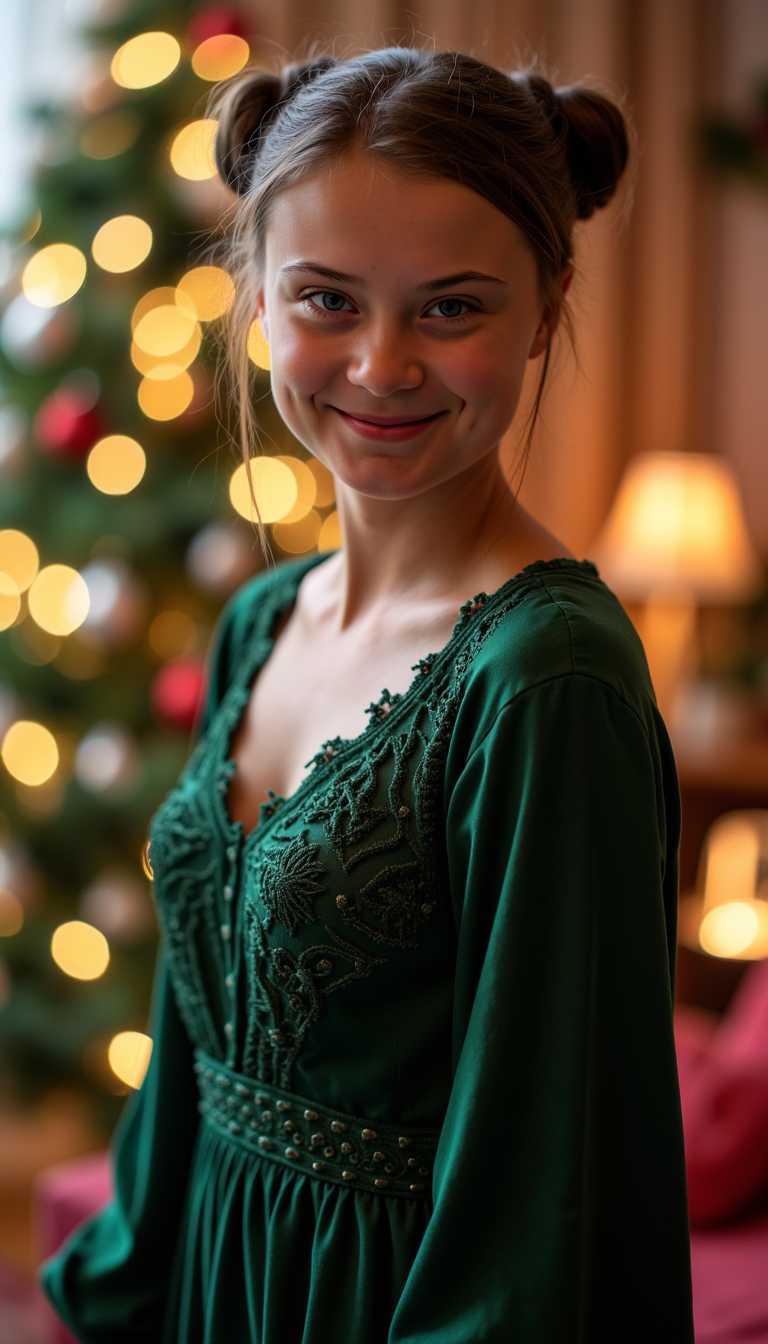 **Prompt:** A vibrant, high-resolution digital portrait of a youthful 20-year-old woman, her hair styled in playful pigtails, dressed in a stunning, deep green Christmas dress with intricate lace and velvet textures. She stands in a cozy, festive living room, the scene bathed in the warm, soft glow of holiday lights. The room is adorned with a lush Christmas tree in the background, its lights twinkling like stars, casting colorful reflections across her face and dress. The composition captures her from a slight low angle, enhancing her joyful expression as she gazes directly at the camera, her eyes sparkling with delight. The atmosphere is filled with the warmth of the holiday season, with subtle hints of Christmas music and the faint scent of pine and cinnamon in the air. The style is reminiscent of a modern digital painting, with a focus on photorealism yet maintaining a touch of painterly brushwork, evoking the charm of a classic holiday greeting card come to life. Use a shallow depth of field to focus on her, with the festive decorations gently blurring into the background, creating a cozy, intimate Christmas scene.