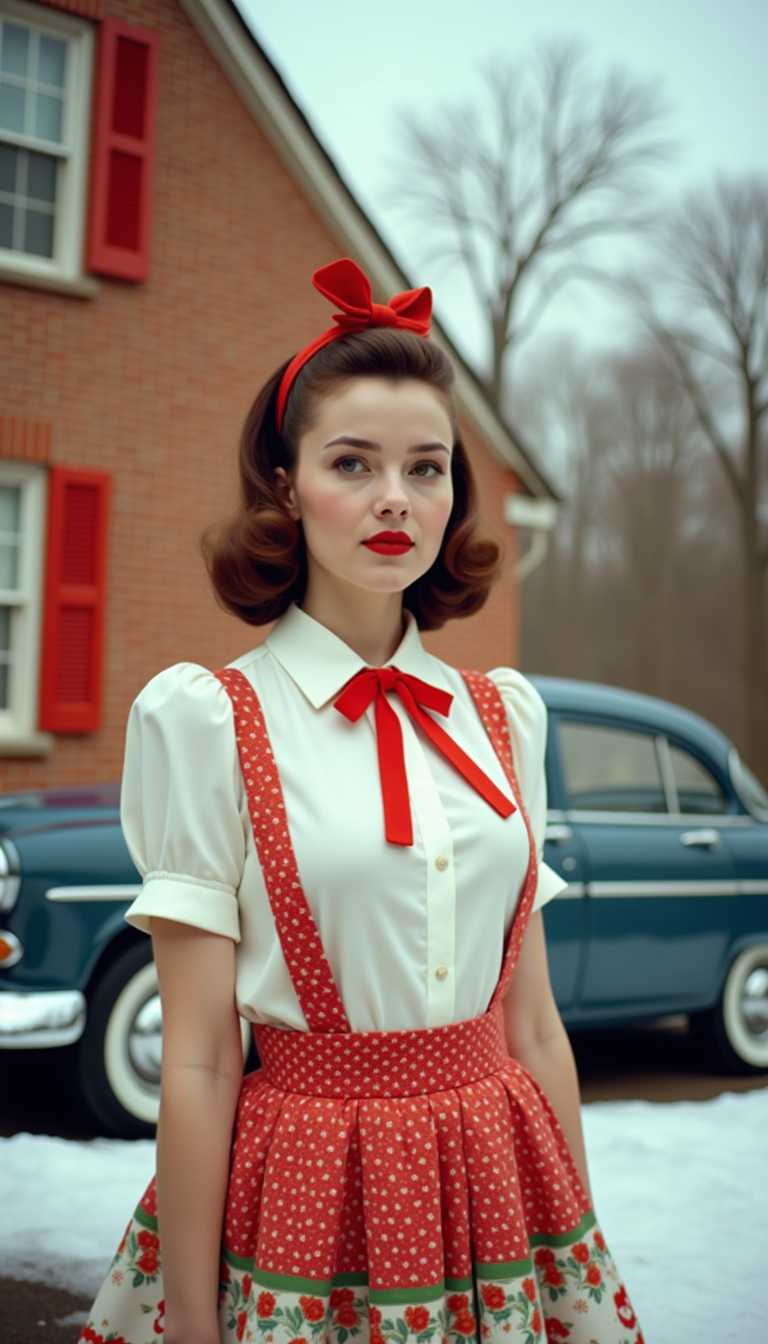 This image is a color photograph that captures a person standing in front of a brick building with a classic car parked in the background. The subject is dressed in a vintage, possibly holidaythemed outfit, which includes a white blouse with a red bow tie and a red and white patterned skirt with a white hemline decorated with a green and red floral pattern. The persons hair is styled in a neat, midlength curl, and they are wearing a red headband with a bow at the top.The art style of the photograph is realistic with a slight vintage or nostalgic feel, emphasized by the subjects retro attire and the classic car. The medium appears to be a highquality digital or film photograph, given the sharpness and clarity of the details.The colors in the image are warm and muted, with the reds and whites of the subjects clothing standing out against the cooler tones of the brick building and the blue of the car. The sky is a soft, pale blue, and the snow on the ground and roof of the building adds a touch of white to the scene.The objects in the image include the brick building, which has a traditional architectural style with a pitched roof and a window with shutters. The car is a classic model with a dark blue paint job and chrome detailing, and it has a prominent chrome hubcap on the front wheel. The snowcovered ground and the bare trees in the background contribute to the wintry atmosphere of the scene.