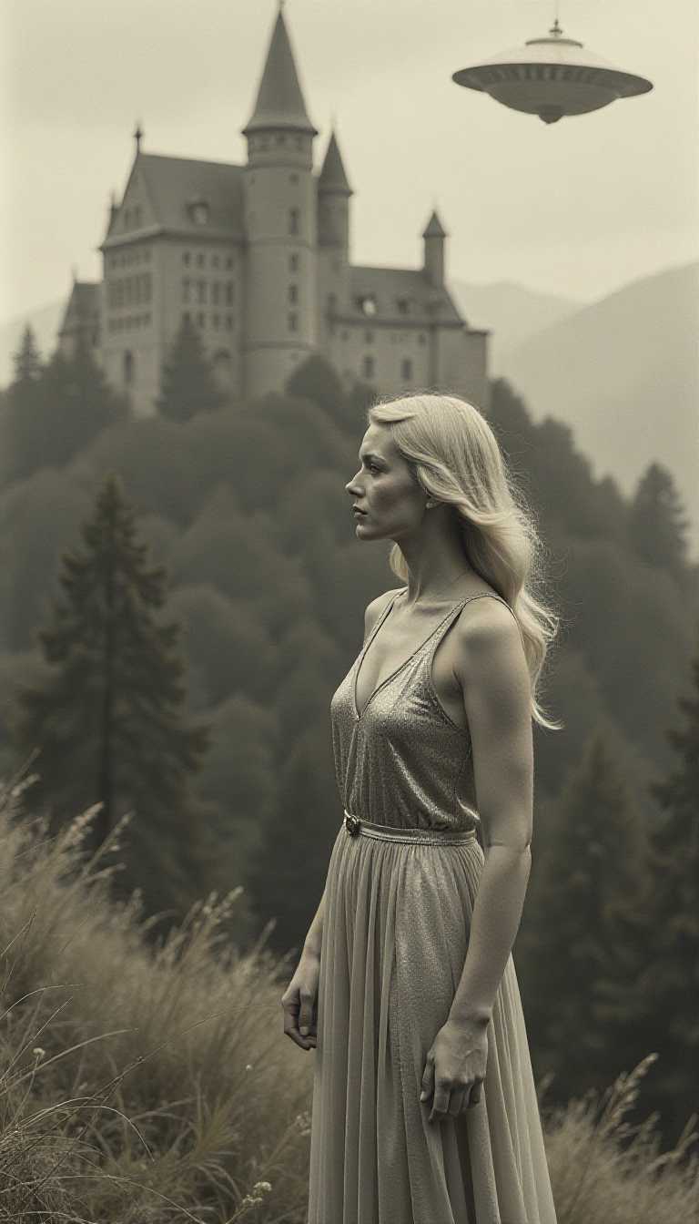 1920s photo, blonde girl, silver dress, flying saucer,  german castle