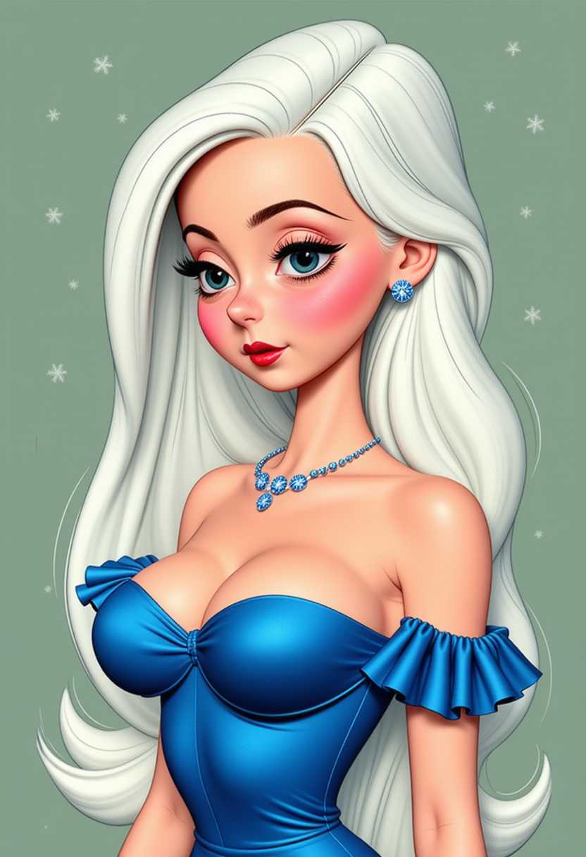 Claymation.  The subject of the illustration is a woman with a voluminous, wavy hairstyle that cascades down her back. Her hair is a striking shade of white, which contrasts sharply with her skin tone. She has a rosy complexion with a blush on her cheeks, and her eyes are a deep, rich blue with long, arched eyelashes. Her eyebrows are well-defined, with a slight arch, and her lips are painted a bold red.  She is wearing a form-fitting, strapless blue dress with a sweetheart neckline and a bow at the waist. The dress has ruffled sleeves that add a touch of elegance and suggest a sense of movement. The fabric of the dress appears to be shiny, giving it a glossy appearance. The dress is detailed with a diamond necklace and matching earrings, which are reminiscent of snowflakes, adding to the wintry or festive theme of the illustration.  The background is a muted green, which serves to highlight the subject and the details of her attire. There are subtle specks of white scattered across the background, which could be interpreted as falling snowflakes or simply a stylistic choice to add to the wintry feel of the image. 