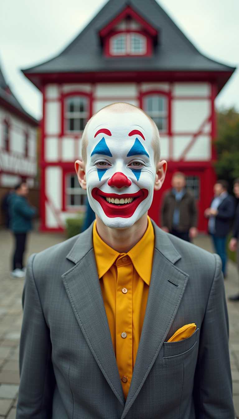 This image is a color photograph that captures a closeup of a person dressed in a clown costume. The subject is standing in front of a building with a red and white facade, which has a traditional architectural style with a sloped roof and a window with a red frame. The building is situated in an outdoor setting with other structures in the background, suggesting an urban or suburban locale.The clowns costume is quite detailed, with a white face that is painted with a traditional clown makeup design. The makeup includes a large red nose, a wide smile with white teeth, and blue and red diamond shapes around the eyes. The clowns hair is not visible, which is common in clown makeup to give a bald appearance. The clown is wearing a gray suit jacket over a mustard yellow shirt with a contrasting yellow collar. The suit jacket has a lapel and a pocket square, adding a formal touch to the otherwise playful costume.The art style of the photograph is candid, capturing a moment in time with a focus on the subject and the surrounding environment. The medium appears to be a highquality color photograph, given the clarity and detail in the image. The colors are quite vivid, with the reds, yellows, and blues of the clowns makeup standing out against the muted tones of the building and the gray suit. The lighting in the photo is natural, with a soft, diffused quality that suggests an overcast day or shaded area.In the background, there are several people engaged in various activities, which adds a sense of liveliness and context to the setting. The presence of these individuals, along with the clown, creates a juxtaposition between the playful and the everyday, which is a common theme in street photography. The objects in the image include the clowns costume, the building with its architectural details, and the people in the background, all contributing to the narrative of the scene.