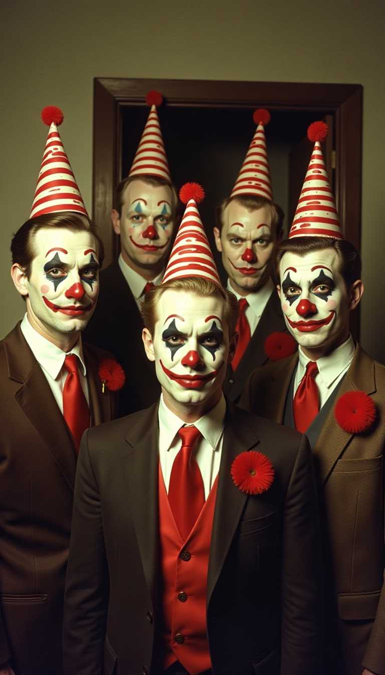 This image is a vintage photograph that captures a group of individuals dressed in clown makeup and party hats. The art style is reminiscent of mid20th century photography, with a focus on the subjects and a somewhat candid approach to the composition.Medium The photograph appears to be a color print, given the vibrant and consistent color palette throughout the image.Colors The predominant colors in the image are shades of red, white, and black. The reds are found in the clown makeup, party hats, ties, and the clothing of the individuals. The whites are evident in the clown makeup and the background, which gives the image a somewhat stark contrast. The blacks are present in the suits and the shadows cast by the subjects, adding depth and dimension to the photograph.Objects in the Image1. The subjects There are five individuals in the image, all dressed in clown makeup and party hats. The makeup is characterized by a white face base, red lips, and a red nose. The party hats are striped with alternating red and white bands, topped with a red pompom.2. Clothing The individuals are wearing suits, with the exception of one person who is wearing a vest and suspenders. The suits are primarily in shades of brown and black, with red ties and pocket squares adding pops of color.3. Background The background is nondescript, with a plain wall and a door that is slightly ajar. The lighting in the room is dim, casting shadows that give the photograph a moody and somewhat eerie ambiance.4. Lighting The lighting in the image is artificial, with a warm tone that casts a soft glow on the subjects and creates a contrast with the darker background. The lighting accentuates the textures and details of the subjects clothing and makeup.Overall, the image exudes a sense of nostalgia and whimsy, with the subjects clown makeup juxtaposed against their formal attire. The photographs vintage aesthetic and the subjects expressions contribute to a playful yet slightly unsettling atmosphere.
