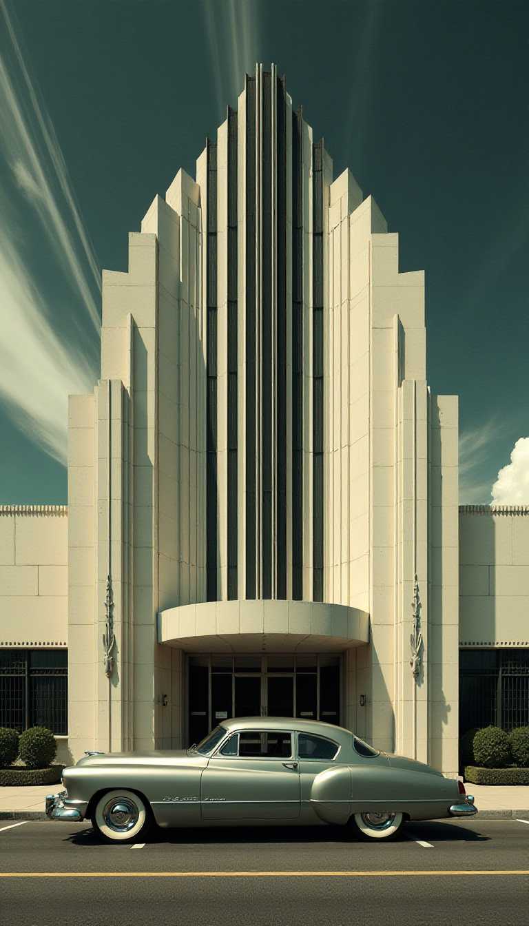 This 1950s color image captures the essence of mid20th century Art Deco architecture juxtaposed with a classic car. The medium appears to be a digital rendering or a photograph that has been processed to achieve the highcontrast, almost surreal look. The use of dynamic lines and geometric shapes in the architecture is characteristic of the Art Deco style, which was popular between the 1920s and 1930s. The style is characterized by symmetry, elegance, and a celebration of modernity.The objects in the image are a classic car and a building that exhibits Art Deco architectural elements. The car is prominently featured in the foreground, occupying a significant portion of the frame. It has a streamlined, aerodynamic design with pronounced curves and a low stance, which are hallmarks of the Art Deco eras automotive design. The cars bodywork is smooth and polished, with a metallic sheen that reflects the light, adding to the dramatic effect of the image.The building behind the car is a masterpiece of Art Deco architecture. It has a grand, sweeping arched entrance flanked by vertical fins that taper towards the top, reminiscent of stylized flames or feathers. The buildings facade is adorned with vertical lines that create a rhythmic pattern, and the overall design exudes a sense of grandeur and elegance.The dynamic streaks in the sky behind the building give the impression of rapid movement, as if the clouds are swirling around the structure. This effect is likely the result of a long exposure during the photography or digital manipulation to create a sense of motion and add to the dramatic impact of the image.Overall, the image is a celebration of the Art Deco era, combining the elegance and symmetry of its architecture with the sleek lines and design of its automotive counterparts. 
