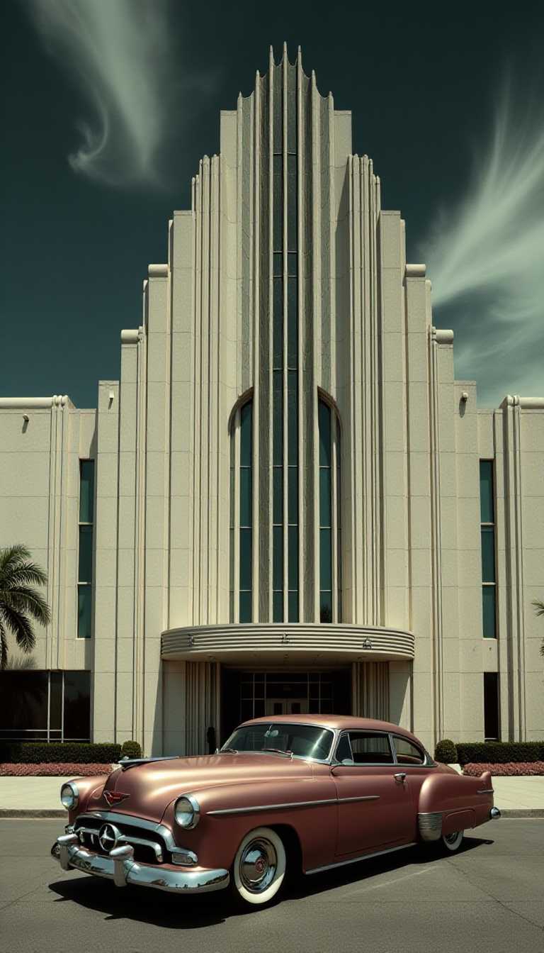 This 1950s color image captures the essence of mid20th century Art Deco architecture juxtaposed with a classic car. The medium appears to be a digital rendering or a photograph that has been processed to achieve the highcontrast, almost surreal look. The use of dynamic lines and geometric shapes in the architecture is characteristic of the Art Deco style, which was popular between the 1920s and 1930s. The style is characterized by symmetry, elegance, and a celebration of modernity.The objects in the image are a classic car and a building that exhibits Art Deco architectural elements. The car is prominently featured in the foreground, occupying a significant portion of the frame. It has a streamlined, aerodynamic design with pronounced curves and a low stance, which are hallmarks of the Art Deco eras automotive design. The cars bodywork is smooth and polished, with a metallic sheen that reflects the light, adding to the dramatic effect of the image.The building behind the car is a masterpiece of Art Deco architecture. It has a grand, sweeping arched entrance flanked by vertical fins that taper towards the top, reminiscent of stylized flames or feathers. The buildings facade is adorned with vertical lines that create a rhythmic pattern, and the overall design exudes a sense of grandeur and elegance.The dynamic streaks in the sky behind the building give the impression of rapid movement, as if the clouds are swirling around the structure. This effect is likely the result of a long exposure during the photography or digital manipulation to create a sense of motion and add to the dramatic impact of the image.Overall, the image is a celebration of the Art Deco era, combining the elegance and symmetry of its architecture with the sleek lines and design of its automotive counterparts. 