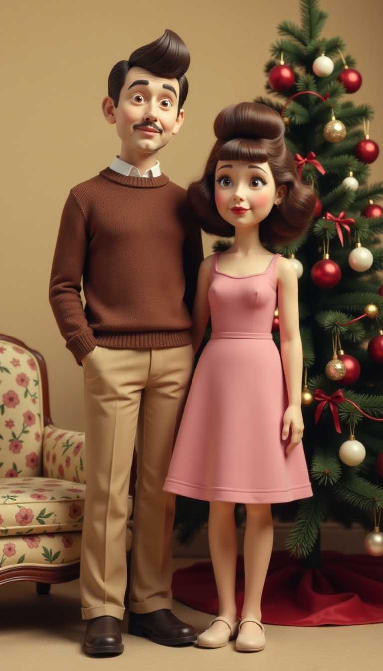 Claymation.  The colors are muted, with a sepia tone that gives the photograph an aged and nostalgic feel. The dominant colors in the image are browns, pinks, and creams, which are typical of the eras color schemes.In the foreground, there is a decorated Christmas tree adorned with red baubles and white lights, which suggests that the photo was taken during the holiday season. The tree is placed against a creamcolored wall, and there is a patterned chair to the left of the tree, which has a floral design on its upholstery.The subjects of the photograph are a man and a woman standing side by side. The man is wearing a brown sweater and khaki trousers, with dark shoes. His hair is styled in a pompadour, which was a popular hairstyle during the 1960s and 1970s. The woman is wearing a sleeveless pink dress with a modest neckline and a modest hemline. Her hair is voluminous and styled in a beehive, which was also a popular hairstyle during the same period. 