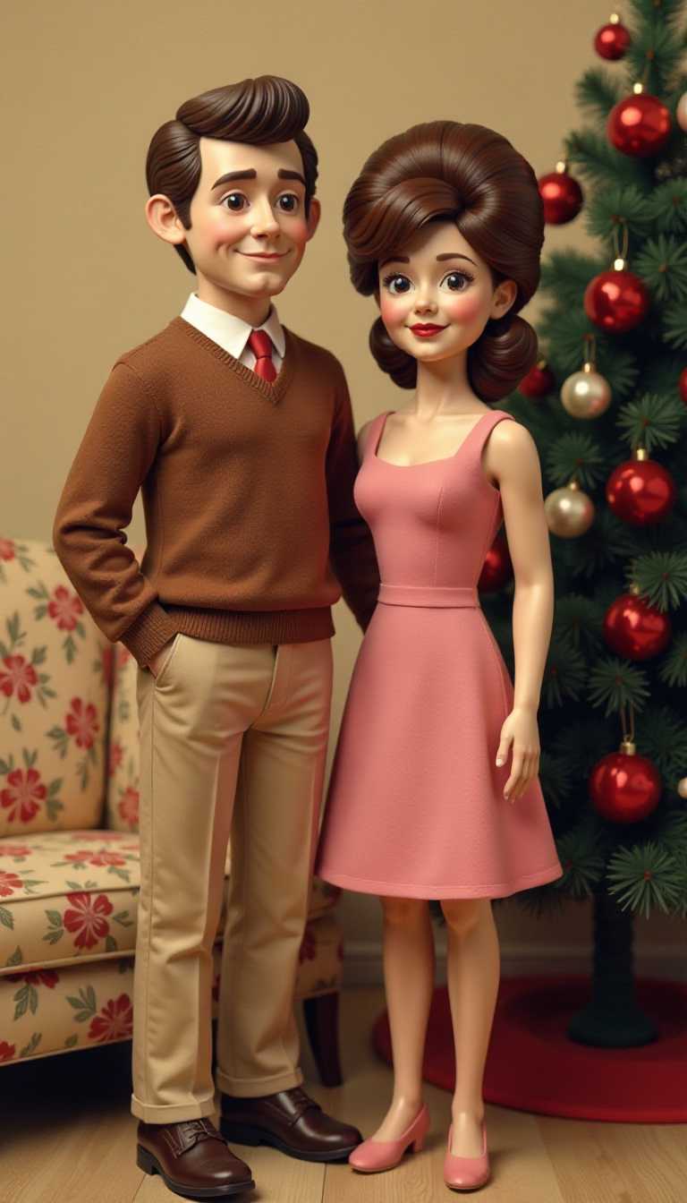 Claymation.  The colors are muted, with a sepia tone that gives the photograph an aged and nostalgic feel. The dominant colors in the image are browns, pinks, and creams, which are typical of the eras color schemes.In the foreground, there is a decorated Christmas tree adorned with red baubles and white lights, which suggests that the photo was taken during the holiday season. The tree is placed against a creamcolored wall, and there is a patterned chair to the left of the tree, which has a floral design on its upholstery.The subjects of the photograph are a man and a woman standing side by side. The man is wearing a brown sweater and khaki trousers, with dark shoes. His hair is styled in a pompadour, which was a popular hairstyle during the 1960s and 1970s. The woman is wearing a sleeveless pink dress with a modest neckline and a modest hemline. Her hair is voluminous and styled in a beehive, which was also a popular hairstyle during the same period. 