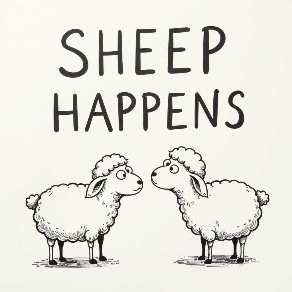 This image is a monochromatic, handdrawn illustration. The art style is whimsical and cartoonish, with a playful and humorous tone. The medium appears to be ink or a similar black drawing material, as the lines are bold and have a consistent thickness.The background of the image is a plain, lightcolored surface that contrasts sharply with the black outlines and text, which makes the drawing stand out prominently. The text in the image reads SHEEP HAPPENS, which is a play on words suggesting that sheep or silly things happen unexpectedly, akin to the phrase stuff happens.There are two sheep depicted in the image. They are drawn in a simplistic and exaggerated manner, with large eyes and a somewhat confused or surprised expression, which adds to the humor of the image. The sheep are facing away from each other, with one sheep on the left side of the text and the other on the right side. Their wool is drawn in thick, curly lines, giving them a fluffy appearance. The sheep are standing on four legs each, with their hooves drawn in a basic, stylized manner.Overall, the image is a lighthearted and amusing piece of art that uses humor and whimsy to engage the viewer. The combination of the text and the sheeps expressions creates a playful and funny visual pun.