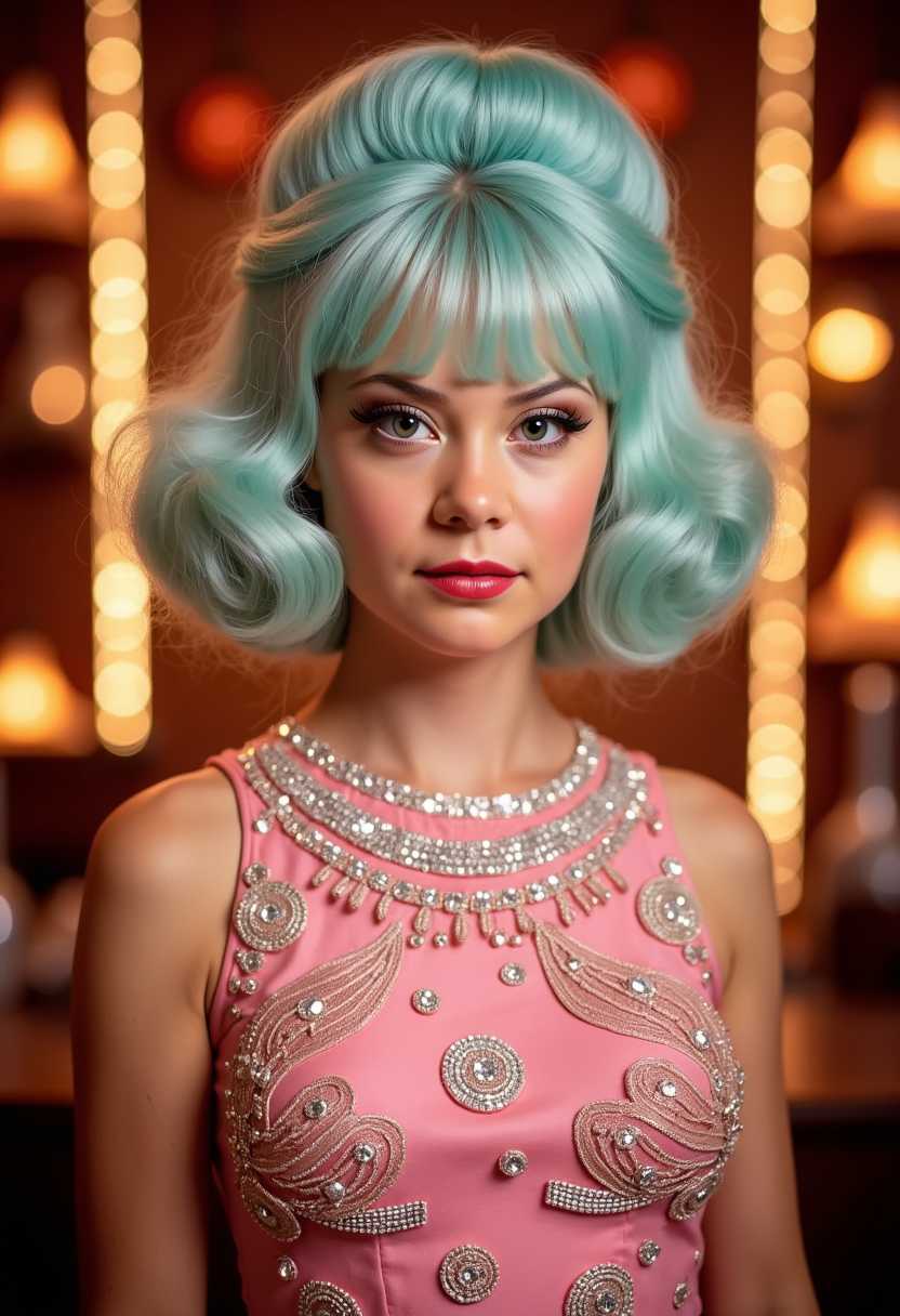 This image is a stylized portrait of a person with a highly exaggerated, vintage aesthetic. The subject is wearing a sleeveless, pink dress adorned with a lavish amount of rhinestones and sequins, embellishing the bodice with circular and leaflike patterns. The dress has a high neckline and appears to be made of a satiny material that catches the light, giving it a shimmering effect.The hair of the subject is voluminous and styled in a bouffant fashion, with a distinct wave pattern that adds to the retro feel. The hair color is a pastel, almost aqua blue, which contrasts with the warm tones of the dress and the background. The hair is swept up into a voluminous bouffant at the top of the head, with bangs that frame the forehead.The subjects makeup is bold and dramatic, with a focus on the eyes. The eyelashes are thick and long, with a winged eyeliner that adds to the vintage glamour. The lipstick is a deep, rich shade that complements the overall color scheme of the image.The background of the image is rich with warm, amber tones, featuring a variety of lights and bokeh effects that give the impression of a festive or celebratory atmosphere. The lights are arranged in vertical lines, creating a sense of depth and adding to the ambiance of the setting. The overall art style of the image is reminiscent of 1960s and 1970s glamour photography, with a touch of modern styling in the subjects hair and makeup.The medium of the image appears to be a highquality photograph, with a focus on the details of the subjects attire and the textures of the hair and makeup. The lighting is soft and diffused, highlighting the subject without harsh shadows, which is typical of studio photography. The colors are vibrant and saturated, with a careful balance between the cool tones of the hair and the warm tones of the background.