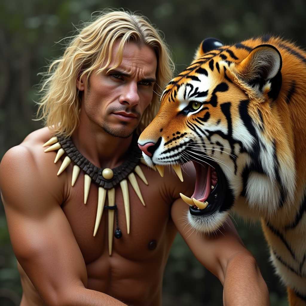 a photo of BLOVE, Create a realistic life still photo of a prehistoric BLOVE man with long blond hair bare-chested warrior with a tribal necklace of ivory fangs around the neck, improved details, caress a large saber-toothed tiger, with his expression intense and determined. The big saber-toothed tiger has a fierce look, its mane is flowing wildly, and try to bite down on man's arm