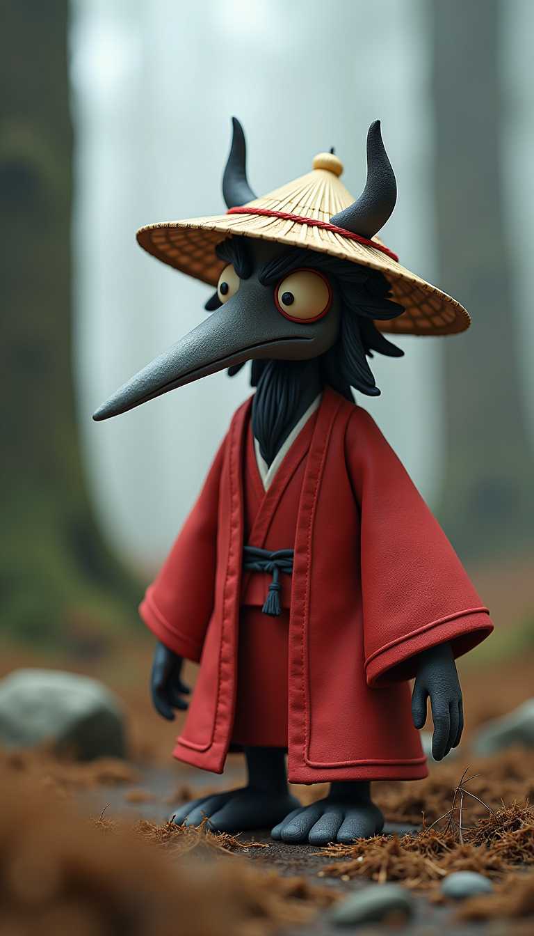Claymation mythological Japanese yōkai tengu with a long nose. The tengu is wearing a red robe and a straw hat. The background is a foggy forest with large trees.