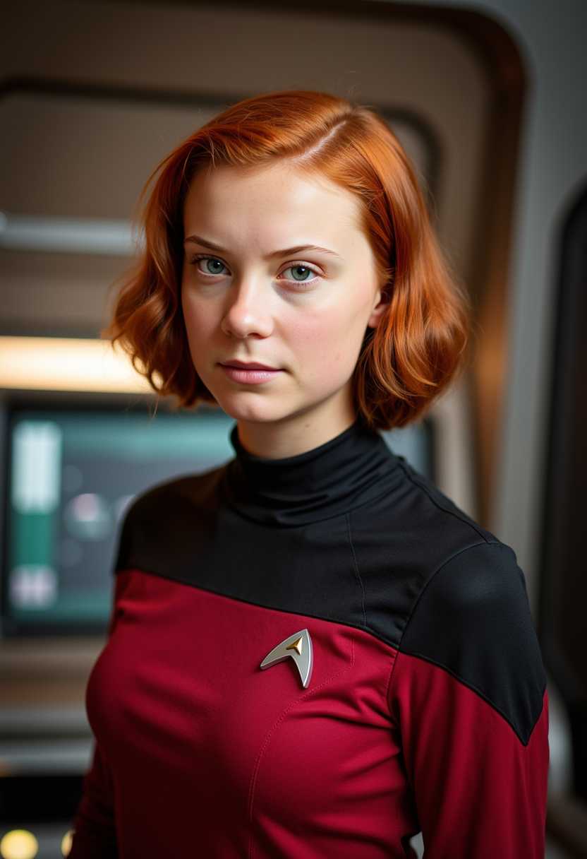 1950s girl, star trek cosplay,color photoshoot, green eyes, red hair