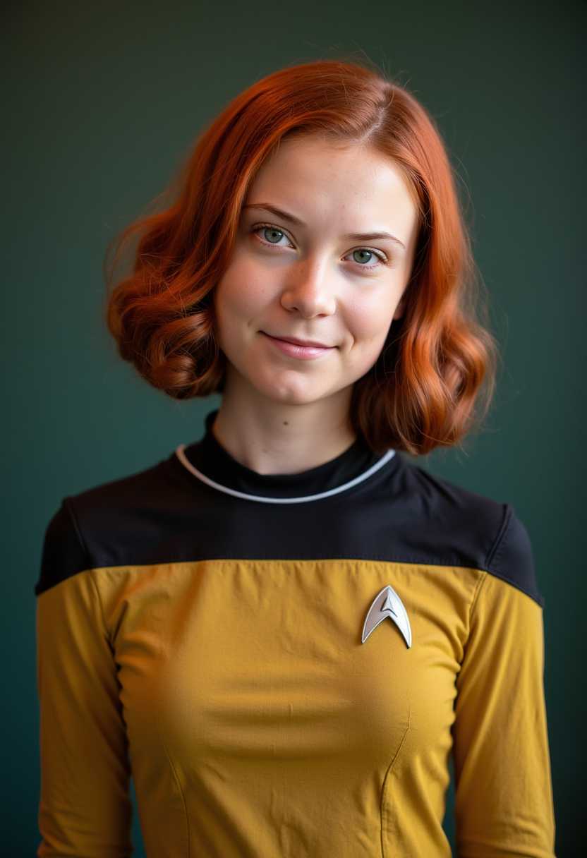 1950s girl, star trek cosplay,color photoshoot, green eyes, red hair