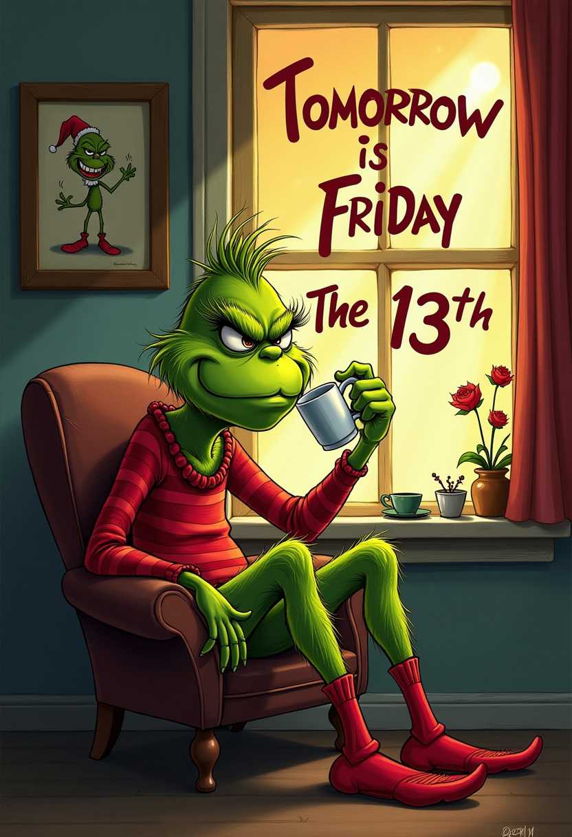 Whimsical Grumpy grinch wearing a red striped shirt and red striped socks sitting with his head on his hand  drinking a hot coffee the sun streaming in the window graffiti style  words “Tomorrow is Friday the 13th”