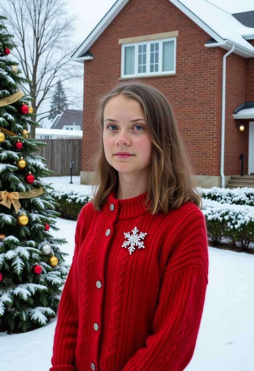 This image captures a winter scene with a focus on a young woman standing in the foreground. The art style appears to be a realistic representation with a slight vintage or nostalgic feel, given the subjects attire and the holiday decorations in the background. The medium seems to be a highresolution photograph, given the clarity and detail in the image.Colors in the image are predominantly cool tones, with the snowcovered ground and trees creating a white and grey palette. The subjects red sweater adds a pop of color to the scene, providing a warm contrast to the cool winter setting. The Christmas tree in the background is adorned with a variety of ornaments in gold, red, and white, adding a festive touch to the composition.Objects in the image include1. The subject, a person dressed in a red sweater with a snowflake brooch on the left lapel. The sweater has a cable knit pattern and button details at the cuffs and neckline.2. A Christmas tree decorated with gold, red, and white ornaments, and a gold ribbon wrapped around its base. The tree stands in a snowcovered area, with a bush partially obscuring the lower portion of the tree.3. A brick house with a gabled roof and snow on the roofline and windowsills. The house has a red brick facade with white trim around the windows and door.4. Snowcovered ground, blanketing the yard and partially covering the bushes and the base of the Christmas tree.5. A glimpse of a fence in the background, running parallel to the house and partially obscured by the bushes.Overall, the image conveys a serene winter holiday atmosphere, with a focus on the festive decorations and the persons vintage attire.