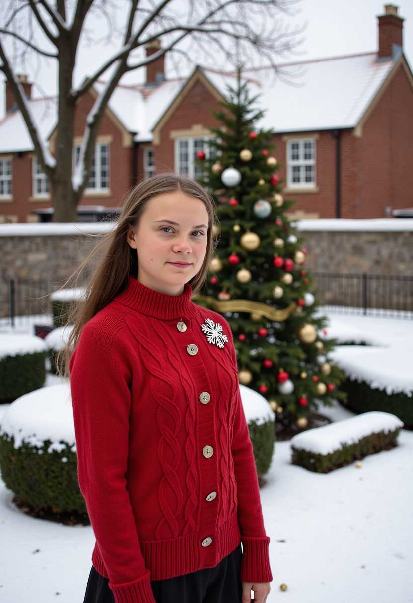 This image captures a winter scene with a focus on a young woman standing in the foreground. The art style appears to be a realistic representation with a slight vintage or nostalgic feel, given the subjects attire and the holiday decorations in the background. The medium seems to be a highresolution photograph, given the clarity and detail in the image.Colors in the image are predominantly cool tones, with the snowcovered ground and trees creating a white and grey palette. The subjects red sweater adds a pop of color to the scene, providing a warm contrast to the cool winter setting. The Christmas tree in the background is adorned with a variety of ornaments in gold, red, and white, adding a festive touch to the composition.Objects in the image include1. The subject, a person dressed in a red sweater with a snowflake brooch on the left lapel. The sweater has a cable knit pattern and button details at the cuffs and neckline.2. A Christmas tree decorated with gold, red, and white ornaments, and a gold ribbon wrapped around its base. The tree stands in a snowcovered area, with a bush partially obscuring the lower portion of the tree.3. A brick house with a gabled roof and snow on the roofline and windowsills. The house has a red brick facade with white trim around the windows and door.4. Snowcovered ground, blanketing the yard and partially covering the bushes and the base of the Christmas tree.5. A glimpse of a fence in the background, running parallel to the house and partially obscured by the bushes.Overall, the image conveys a serene winter holiday atmosphere, with a focus on the festive decorations and the persons vintage attire.