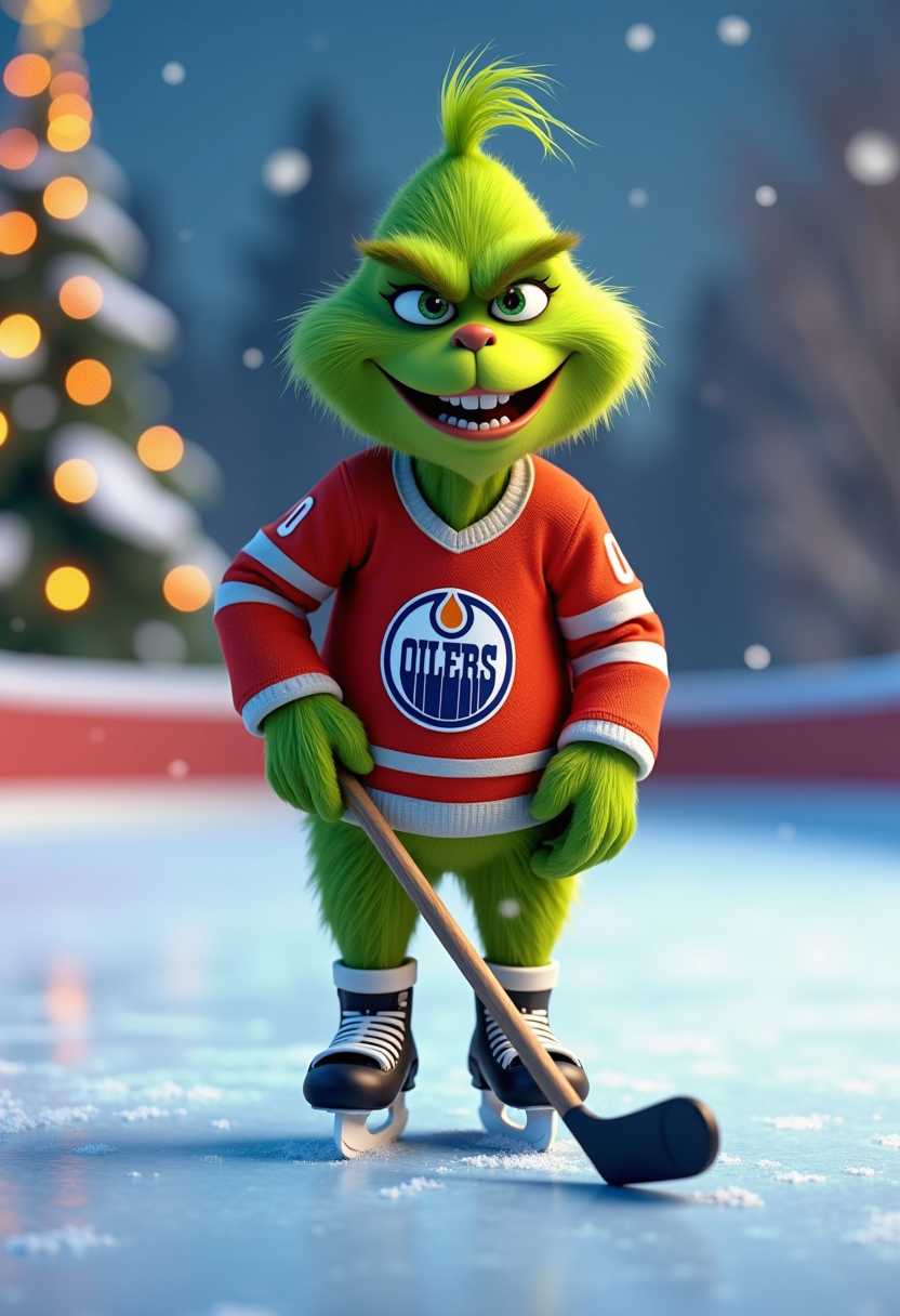 CGI grinch happy grin on his face, with an Oilers jersey "00" and ice skates, holding a hockey stick and shooting a puck. background an outdoor ice rink with lots of festive trees with lights and snowy branches.