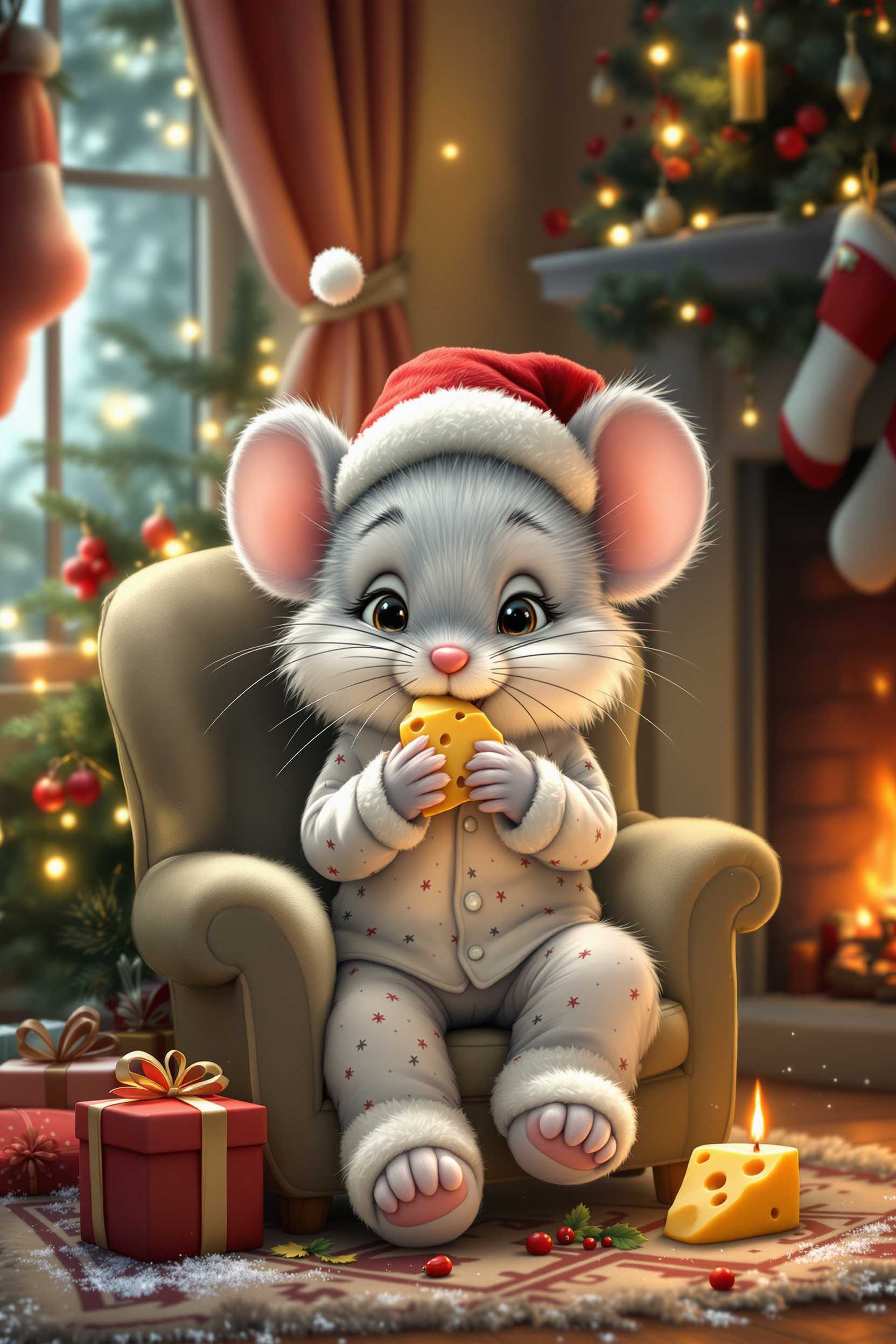 Create a fantasy cartoon fluffy gray and white whimsical mouse sitting on a chair cushions, beside the Christmas tree wearing pajamas, slippers Santa hat, decorated with lights, and presents tiny red candle Christmas holly around it flickering light, he's nibbling on a piece of cheese, fireplace in the corner stockings hanging warm Christmas glow BG.