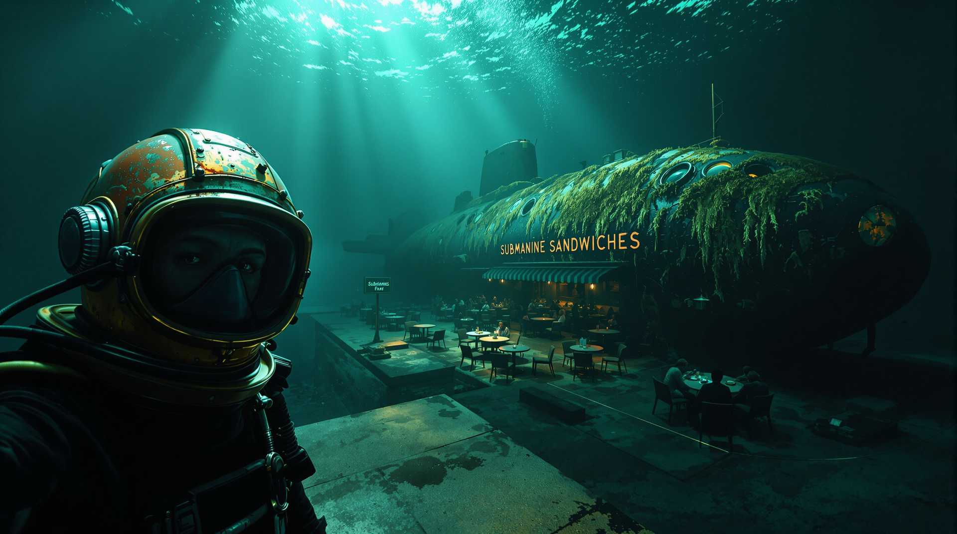 Surrealist image. POV (closeup, selfie or full body). A diver wears a helmet that is rusty and worn. He stands on a concrete platform under water. A shaft of sunlight pierces the darkness. In the murky distance a disabled and rusty submarine covered in seaweed lays on its side but its windows are lit up. Next to the sub is a row of dining tables and chairs where people are seated eating. (With or without a sign says "Submarine Sandwiches.")