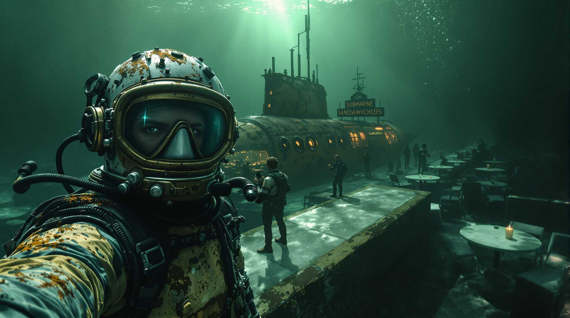 Surrealist image. POV (closeup, selfie or full body). A diver wears a helmet that is rusty and worn. He stands on a concrete platform under water. A shaft of sunlight pierces the darkness. In the murky distance a disabled and rusty submarine covered in seaweed lays on its side but its windows are lit up. Next to the sub is a row of dining tables and chairs where people are seated eating. (With or without a sign says "Submarine Sandwiches.")