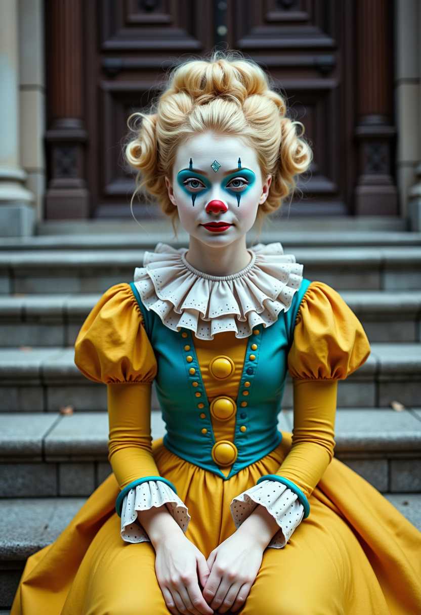 This image features a character dressed in a highly detailed and ornate costume that is reminiscent of a traditional clown outfit. The character has a strikingly pale complexion with exaggerated makeup that includes a red nose, blue eyeshadow, and a diamondshaped accent on the forehead. The hair is styled in elaborate blonde curls, adorned with what appears to be small, sparkling accessories.The costume is a vibrant mix of yellow and turquoise, with a ruffled white collar that adds to the traditional clown aesthetic. The sleeves are puffy and gathered at the wrists, with cuffs that have a polka dot pattern in a complementary color palette. The bodice of the dress is embellished with a series of large, round, yellow buttons that are also present on the front of the skirt, which is layered with additional ruffles and frills.The setting is outdoors, with the character seated on steps that lead up to a building with a dark, wooden door. The steps are made of a stone or concrete material, and the overall scene has a somewhat gothic or Victorian feel, emphasized by the ornate architecture and the characters costume.The art style is highly stylized and appears to be a digital rendering, given the smooth texture and lack of brush strokes. The lighting in the image is soft and diffused, casting gentle shadows and highlights that give the character and the costume a threedimensional appearance. The colors are rich and saturated, with a focus on the contrast between the pale skin tones and the bright, bold colors of the costume.
