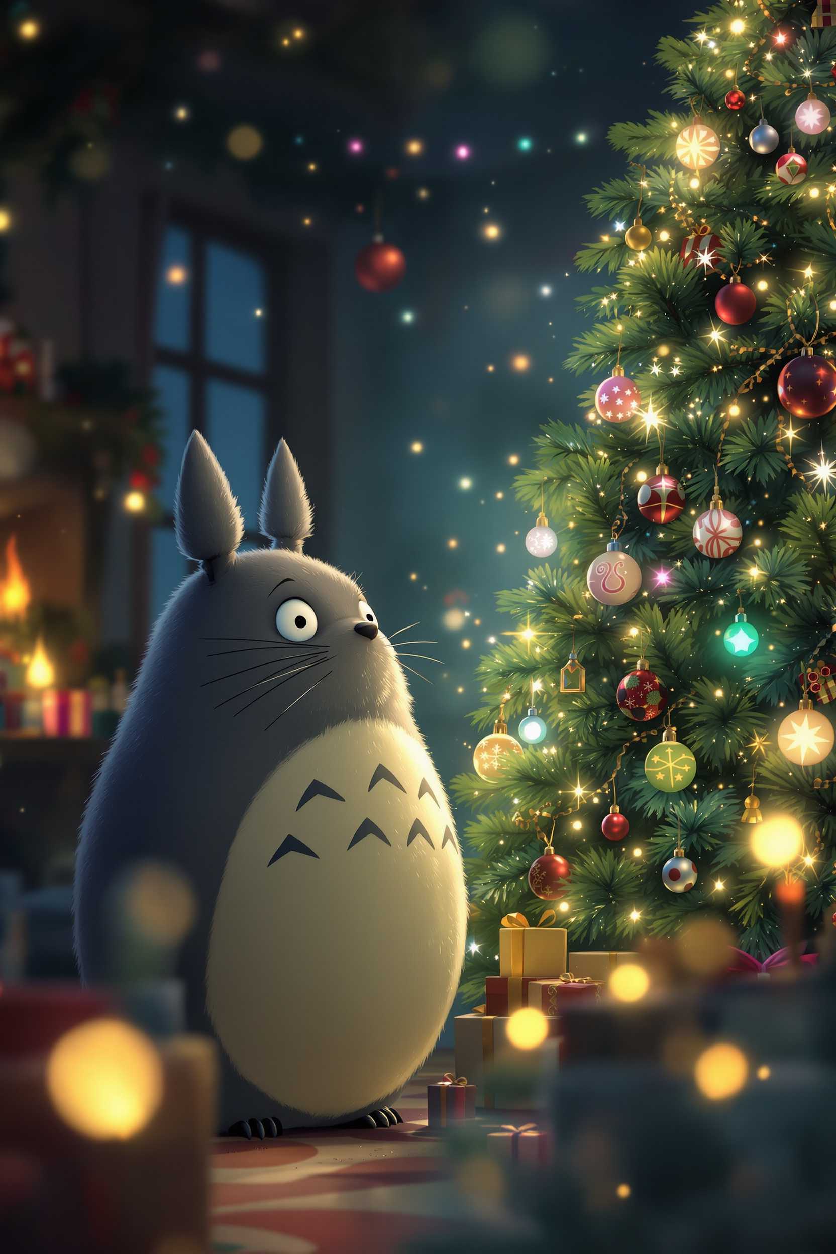 Create an enchanting scene where **Totoro**, the beloved forest spirit, stands in a **cozy, dimly lit room** adorned with **festive decorations**. Totoro is positioned **slightly off-center**, his **large, round eyes gleaming with curiosity** as he gazes at a **magnificently decorated Christmas tree** that twinkles with **multicolored lights** and **shimmering ornaments**. The tree's **rich green needles** contrast beautifully with the **soft, snowy white** of Totoro's **Santa beard**, which is **fluffy and full**, covering his chin and extending down to his chest. His **gray fur** appears **soft and plush**, highlighted by the **warm, ambient lighting** that casts gentle shadows around the room, enhancing the **cozy, holiday atmosphere**.

**Style**: Illustrate this scene in a **Studio Ghibli aesthetic**, with its characteristic **soft, hand-drawn lines** and **detailed, yet whimsical textures**. The lighting should evoke the **nostalgic warmth** of a Miyazaki film, with **subtle, magical elements** that hint at the **wonder of the season**.

**Composition**: Frame the shot from a **low angle**, looking up at Totoro to **emphasize his imposing yet gentle presence**, with the Christmas tree **dominating the background**, its top extending out of the frame to suggest the room's height and the grandeur of the tree. The tree's lights create a **bokeh effect** in the foreground, adding depth and **a touch of holiday magic**.

**Mood and Atmosphere**: The scene should exude **peaceful joy**, with the **quiet crackle of a fire** and **soft carols playing in the background**, encapsulating the **magic of Christmas** through Totoro's unique perspective.

**Technical Aspects**: Utilize **soft focus** for elements outside the immediate focus on Totoro to create a **dreamlike quality**, and ensure **color balance** that highlights the **vibrant reds and greens** of the holiday season against the **muted, earthy tones** of Totoro's fur.
