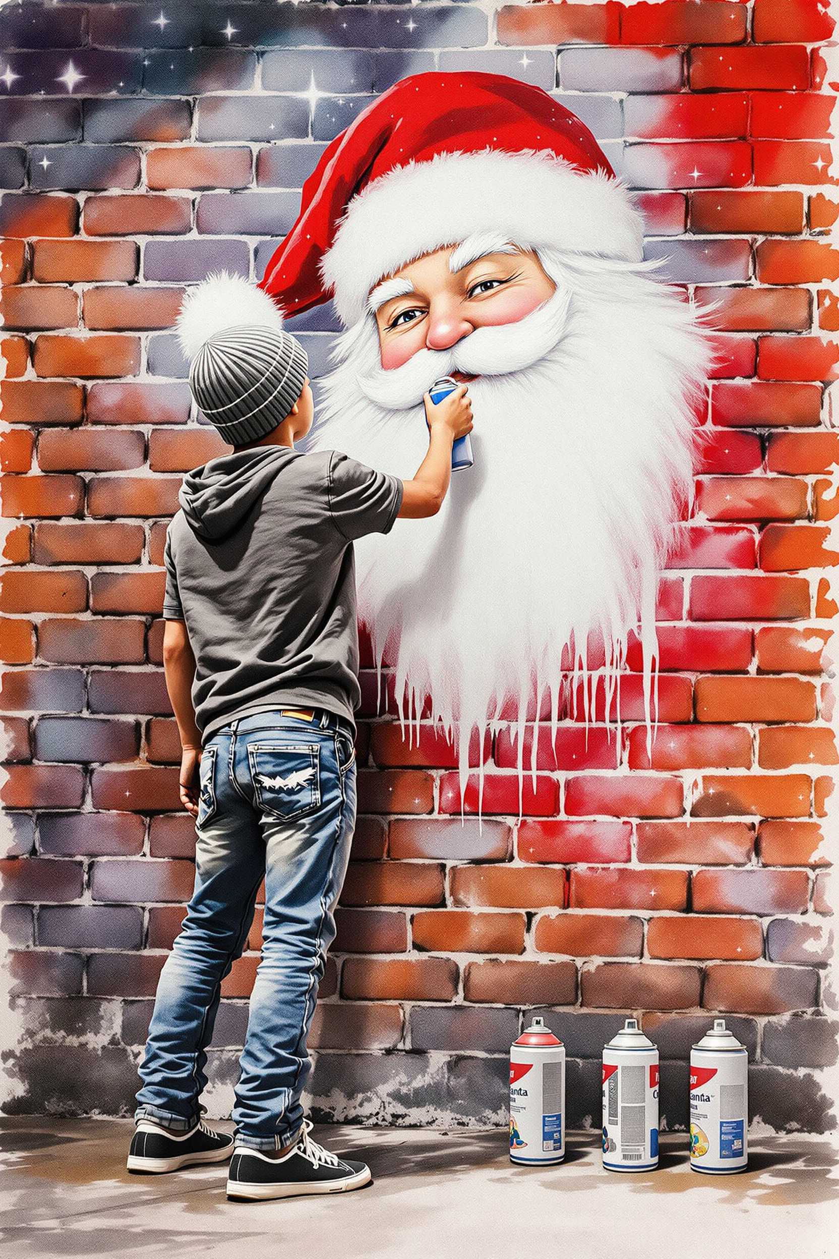 a watercolour and oil painting of a teenage boy, dressed in a beanie hat, jeans and a T-shirt and trainers, he is holding a spray paint can, creating an image of santa on a brick wall, include three spray paint cans beside him.