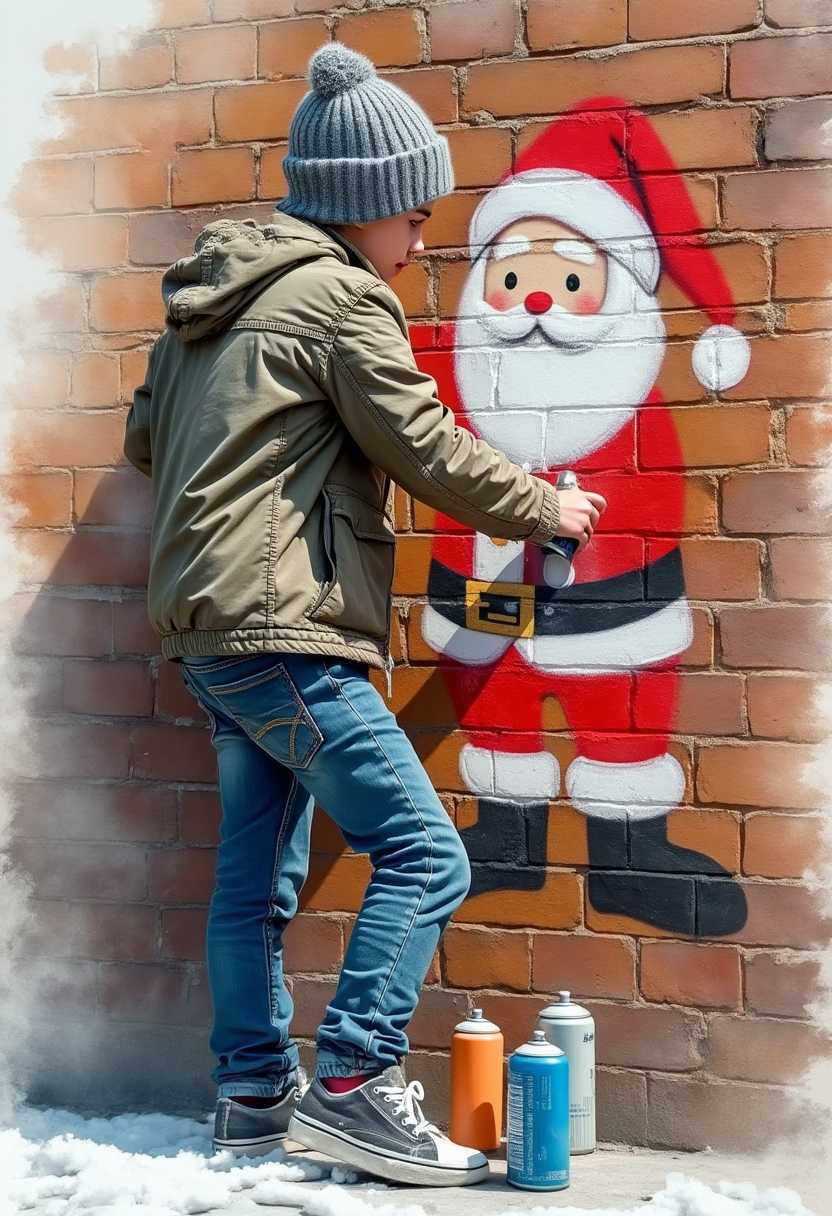 a watercolour and oil painting of a teenage boy, dressed in a beanie hat, jeans and a T-shirt and trainers, he is holding a spray paint can, creating an image of santa on a brick wall, include three spray paint cans beside him.