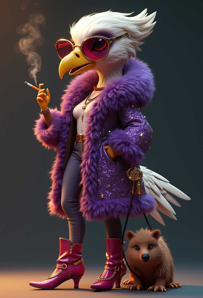Full image view", highly detailed 3d digital clipart caricature of an anthropomorphic [female eagle] wearing [violet and gold sparkling] fur coat, high heeled boots, with framed sunglasses and looped earings. In her colored pursed lips there is a cigarette. She is holding the leash of a small [bear]