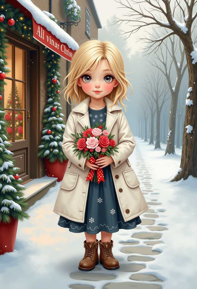 acrylic, oil, Thomas Kincaid’s style, a girl with blonde messy hair, gray eyes, dark gray dress with snowflakes, white color coat she is holding a bouquet of flowers with ribbons tiny hearts, she’s standing in front of a beautiful Christmas decorated country floral shop on a stone Path Road, watercolor background, textured, airbrushed, ultra detailed BG
