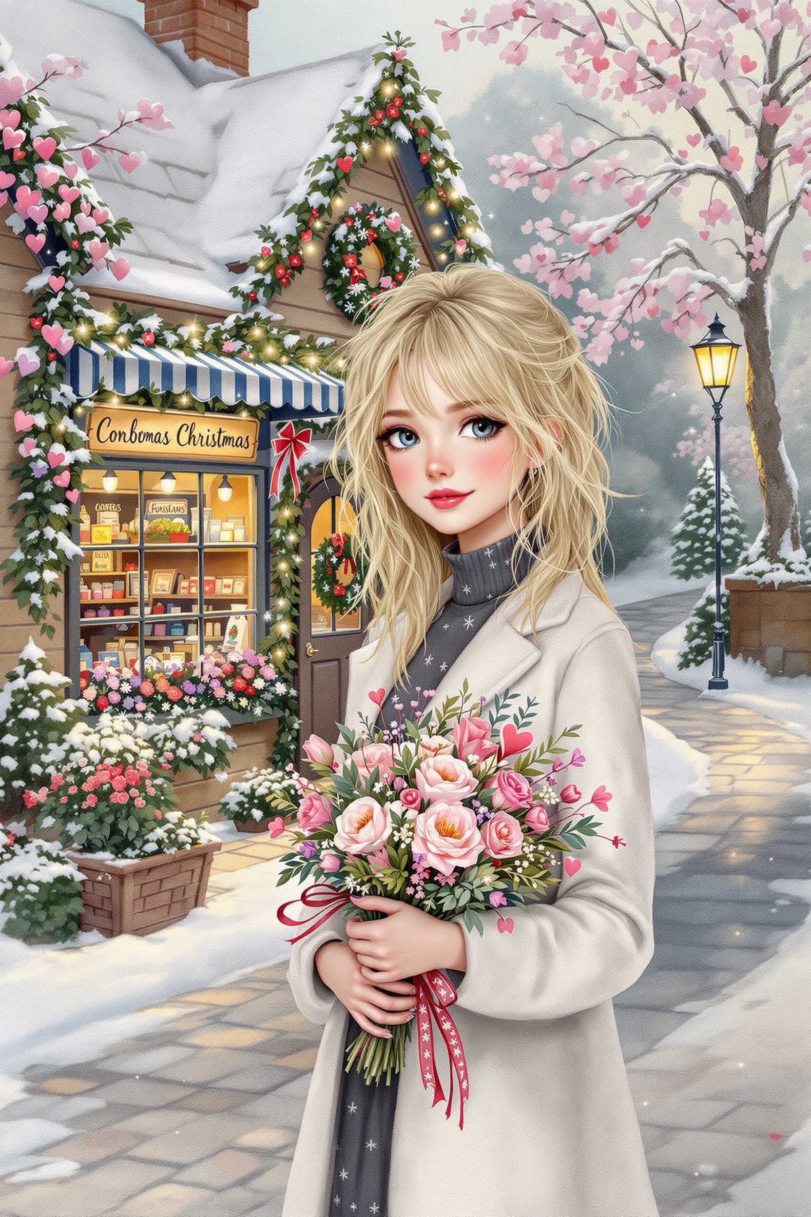 acrylic, oil, Thomas Kincaid’s style, a girl with blonde messy hair, gray eyes, dark gray dress with snowflakes, white color coat she is holding a bouquet of flowers with ribbons tiny hearts, she’s standing in front of a beautiful Christmas decorated country floral shop on a stone Path Road, watercolor background, textured, airbrushed, ultra detailed BG