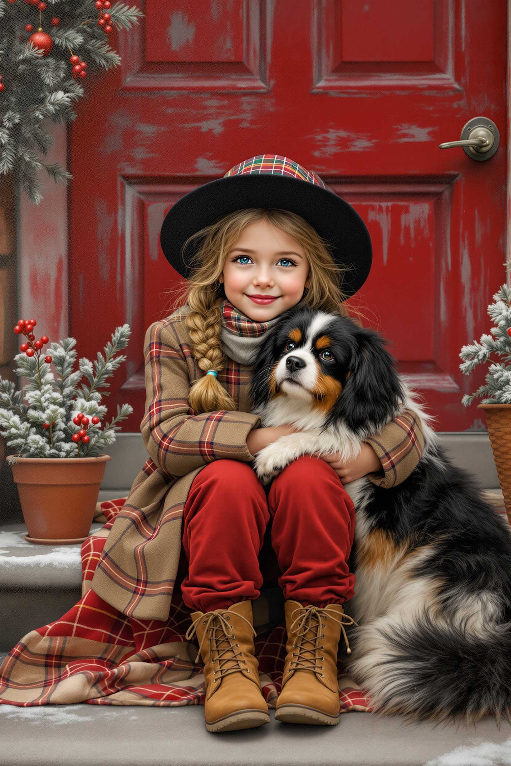 Glossy 4k Oil Painting, Of a young child Whimsical, blondish brown wispy hair in a braid blue eyes pink cheeks long-sleeved plaid coat, hemmed pockets, scarf, red pants, lace-up brown ankle boots, floppy black hat with plaid rim sitting on the steps on a plaid blanket, old wooden red door behind her, few potted Christmas flowers, snuggling a dog with a long bushy black and white furry coat, warm, sweet and endearing atmosphere, Christmas feel, BG.