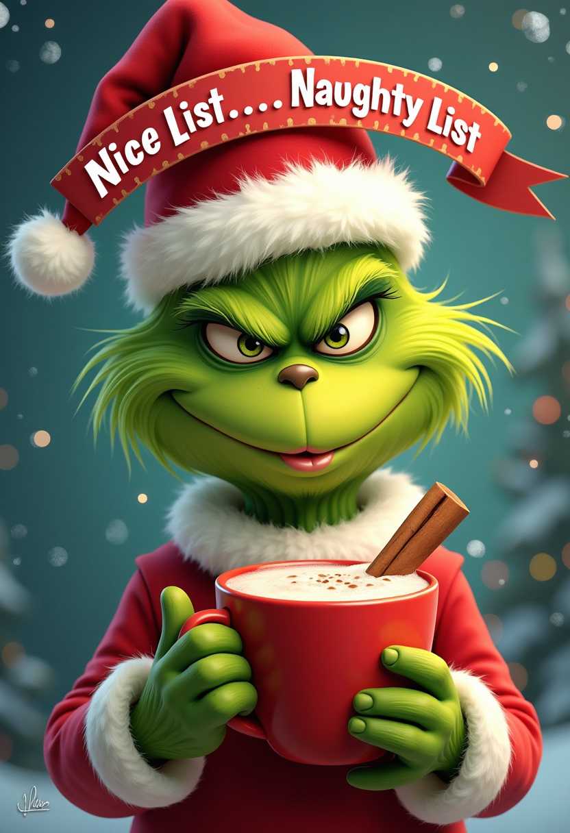 A cute grinch smirking  hyper realistic  holding a foaming hot chocolate with a cinnamon stick in it. A banner above his head has the words “Nice List..Naughty List….I belong on the spicy list!” In grinch whimsical lettering