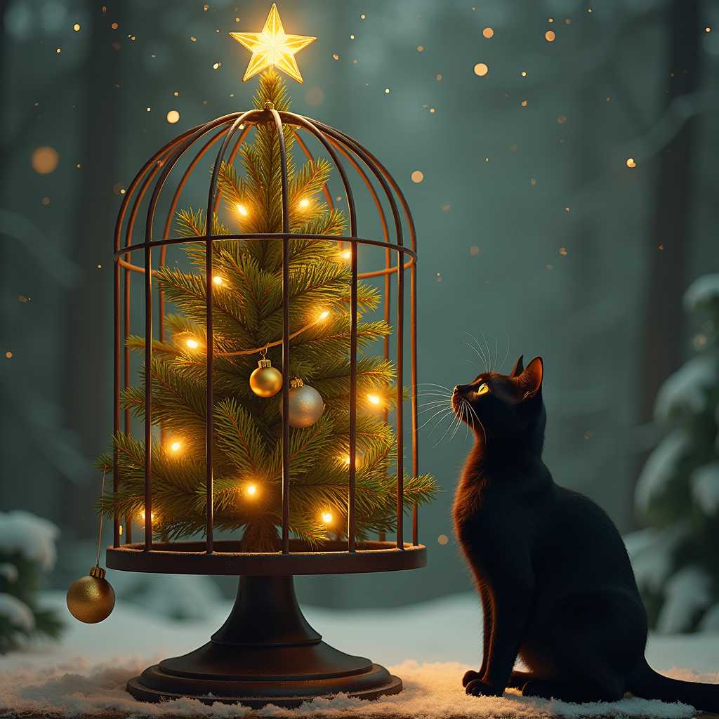 create a Christmas tree, high up on a pedestal inside a steel cage, with a frustrated black whimsical cat looking longingly at the tree, the tree should be beyond his reach beautiful warm and welcoming atmosphere