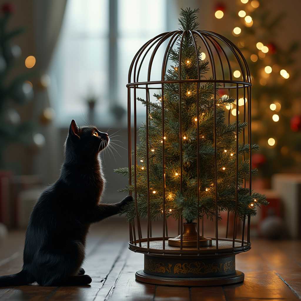 create a Christmas tree, high up on a pedestal inside a steel cage, with a frustrated black whimsical cat looking longingly at the tree, the tree should be beyond his reach beautiful warm and welcoming atmosphere